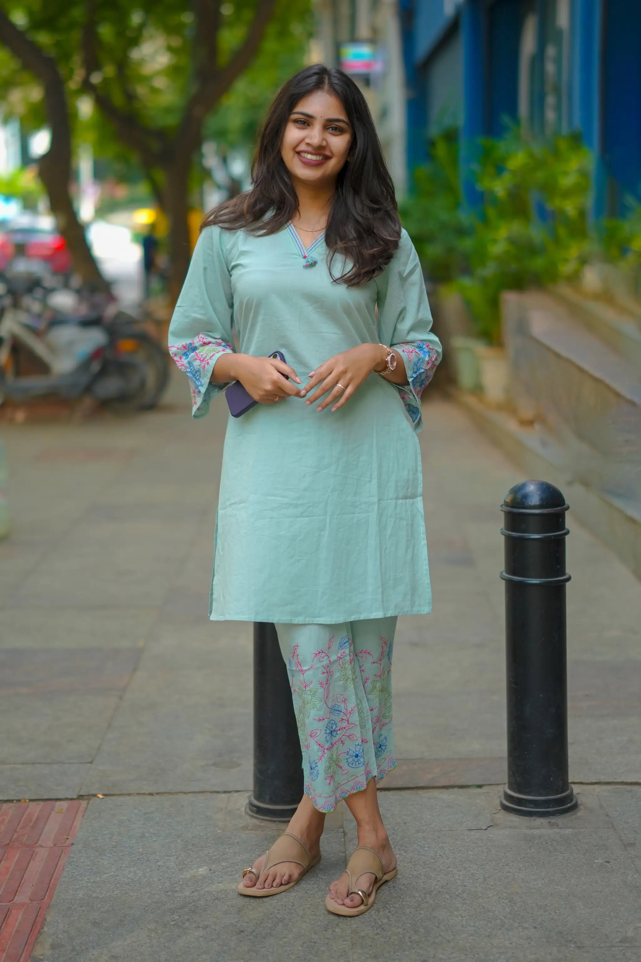 Pastel Green Co-ord Set with Floral Thread Embroidery