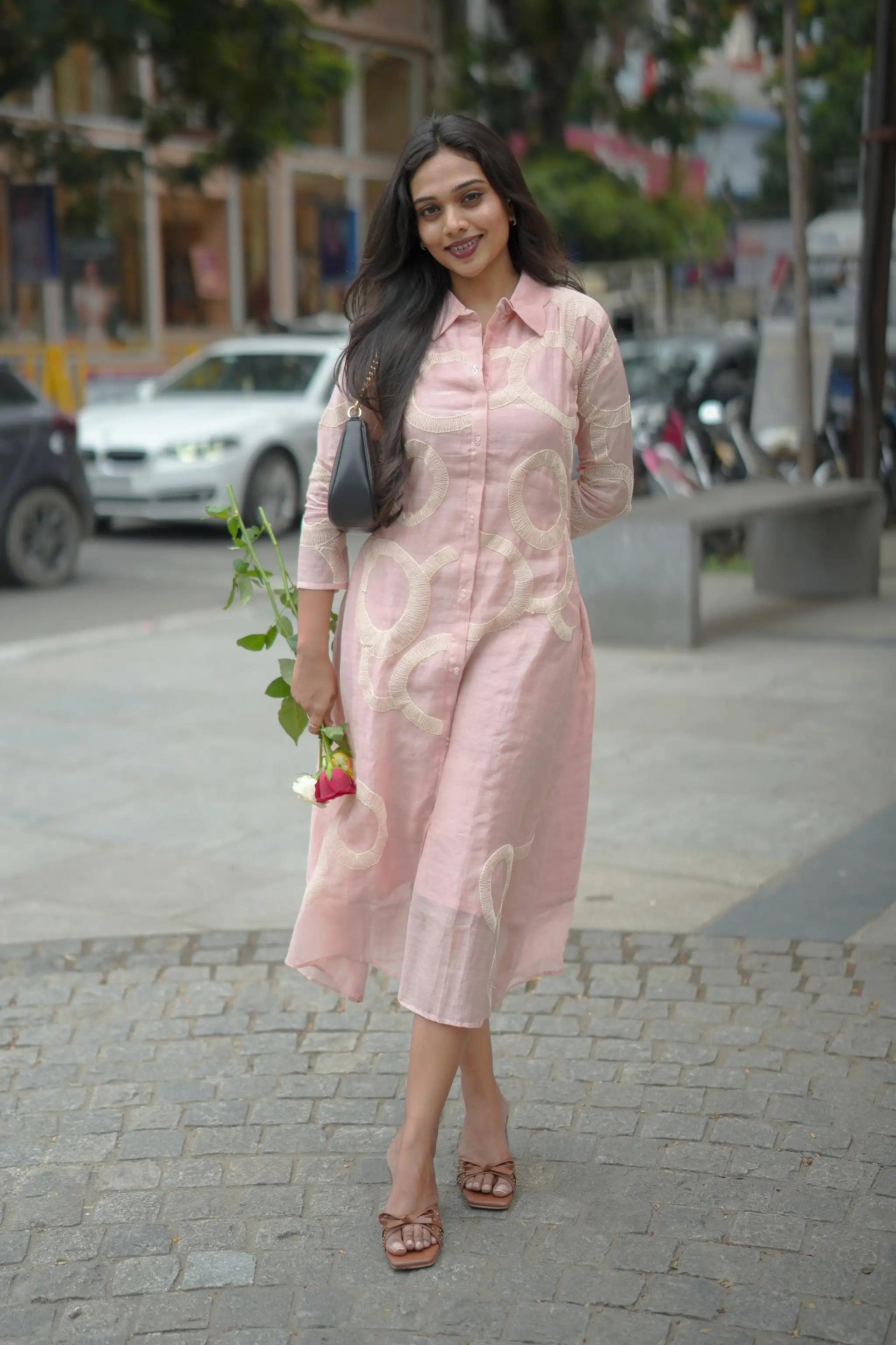 Light Pink Mul Chanderi Collared Dress with Embroidery