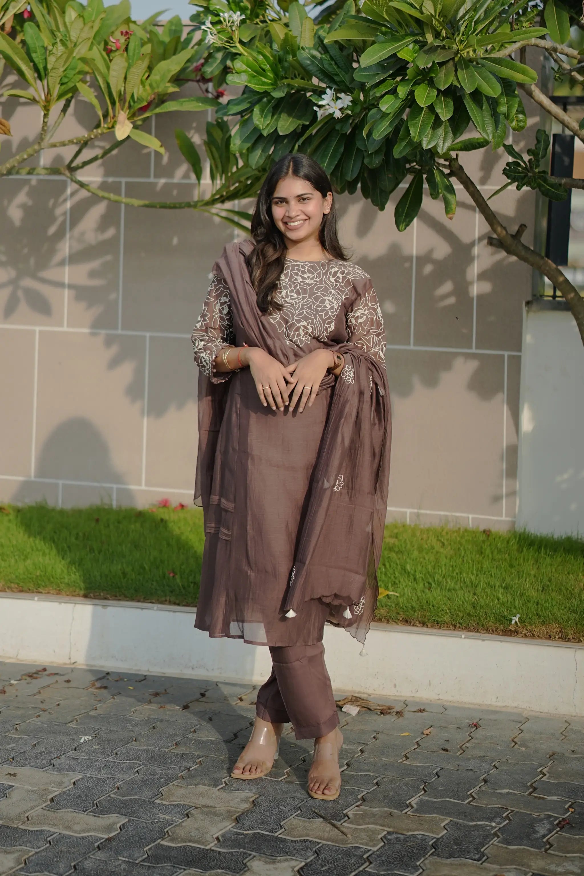 Brown Mul Chanderi Suit Set with Floral Embroidery & Dupatta | Women’s Ethnic Wear