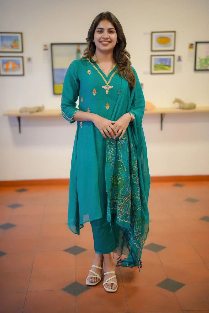 Green Mul Chanderi Sequins & Zari Embroidered Suit Set with Hand-Painted Dupatta