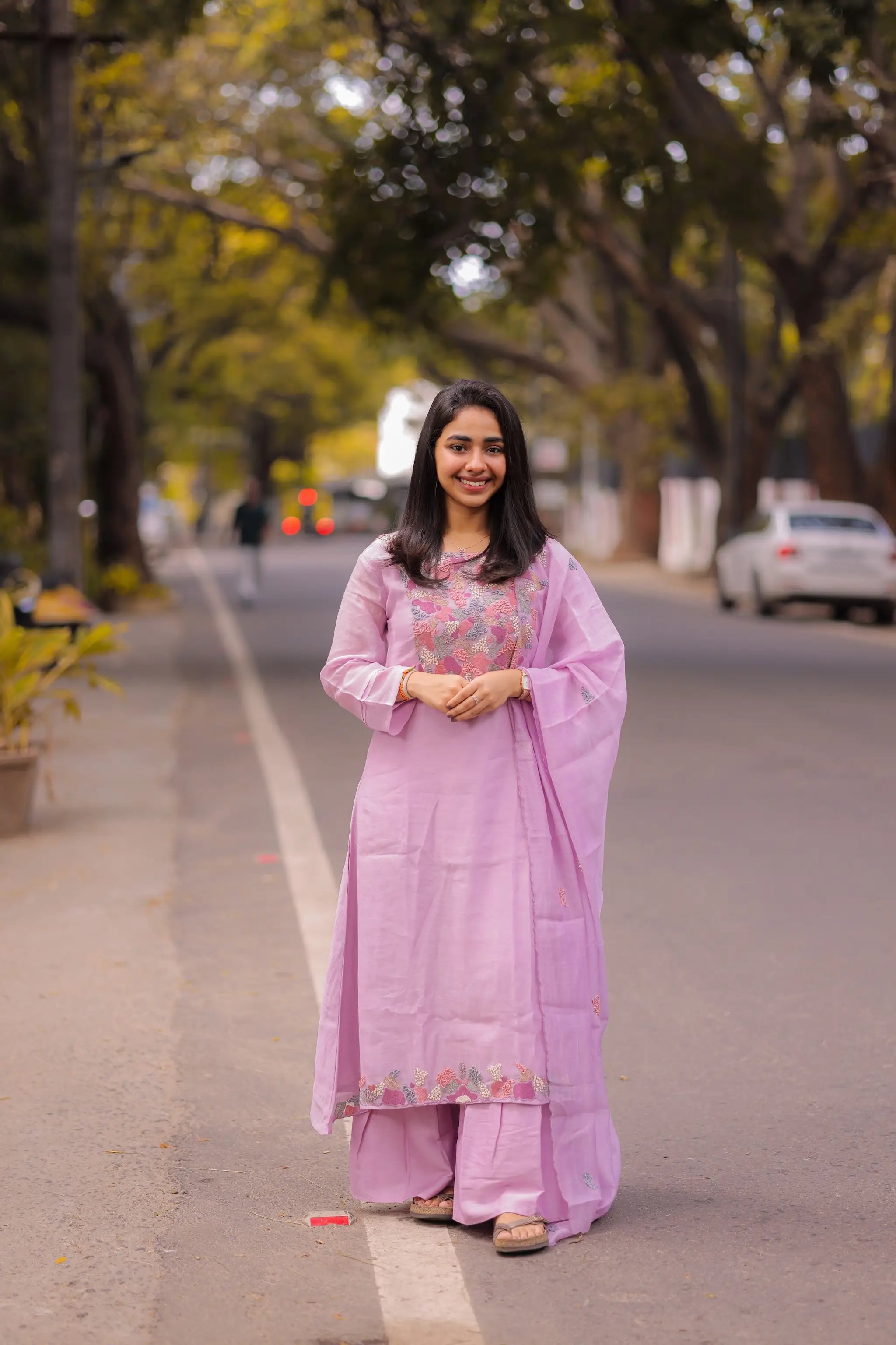 Lavender Mul Chanderi Embroidered Suit Set with Dupatta