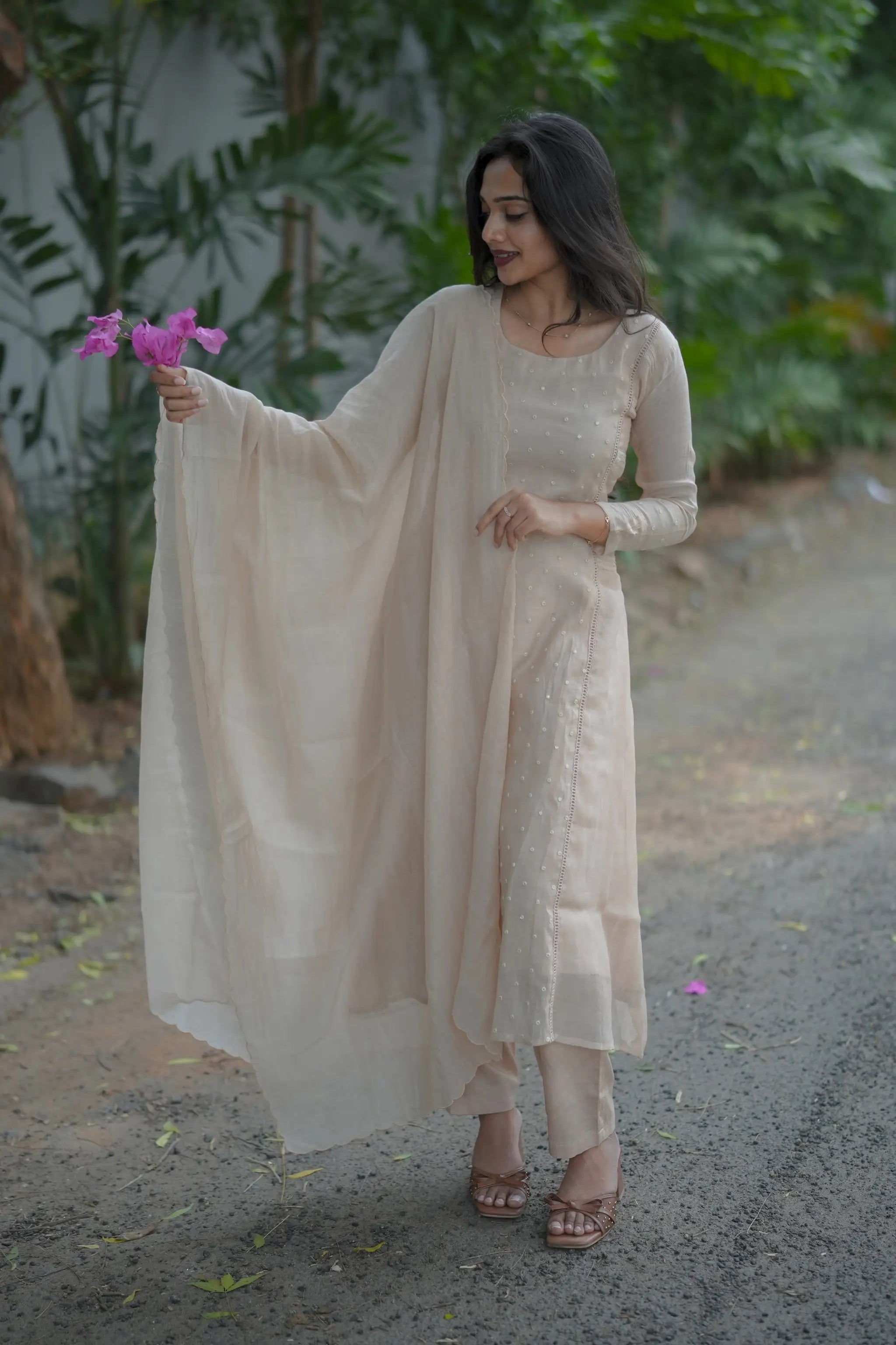 Beige Mul Chanderi Sequins Embroidered Suit Set with Dupatta