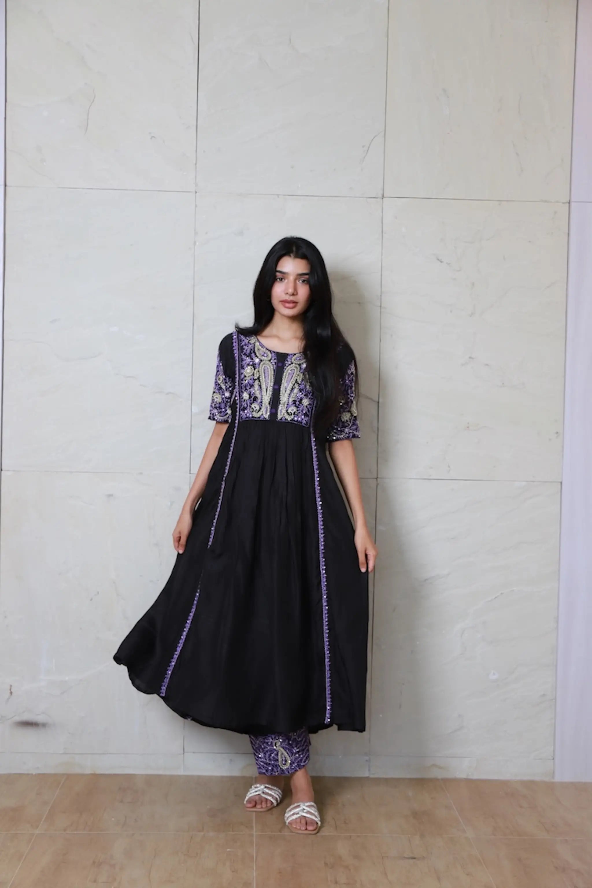 Black Silk Zardosi Embroidered Kurti Set with Pearl & Bead Work