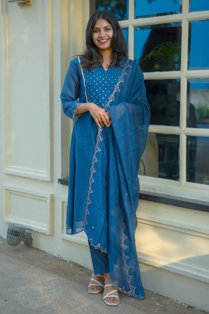 Blue A-Line Suit Set with Sequins and Zari Embroidery - Aarni Clothing - A Destination for Handpicked Ethnic Wear