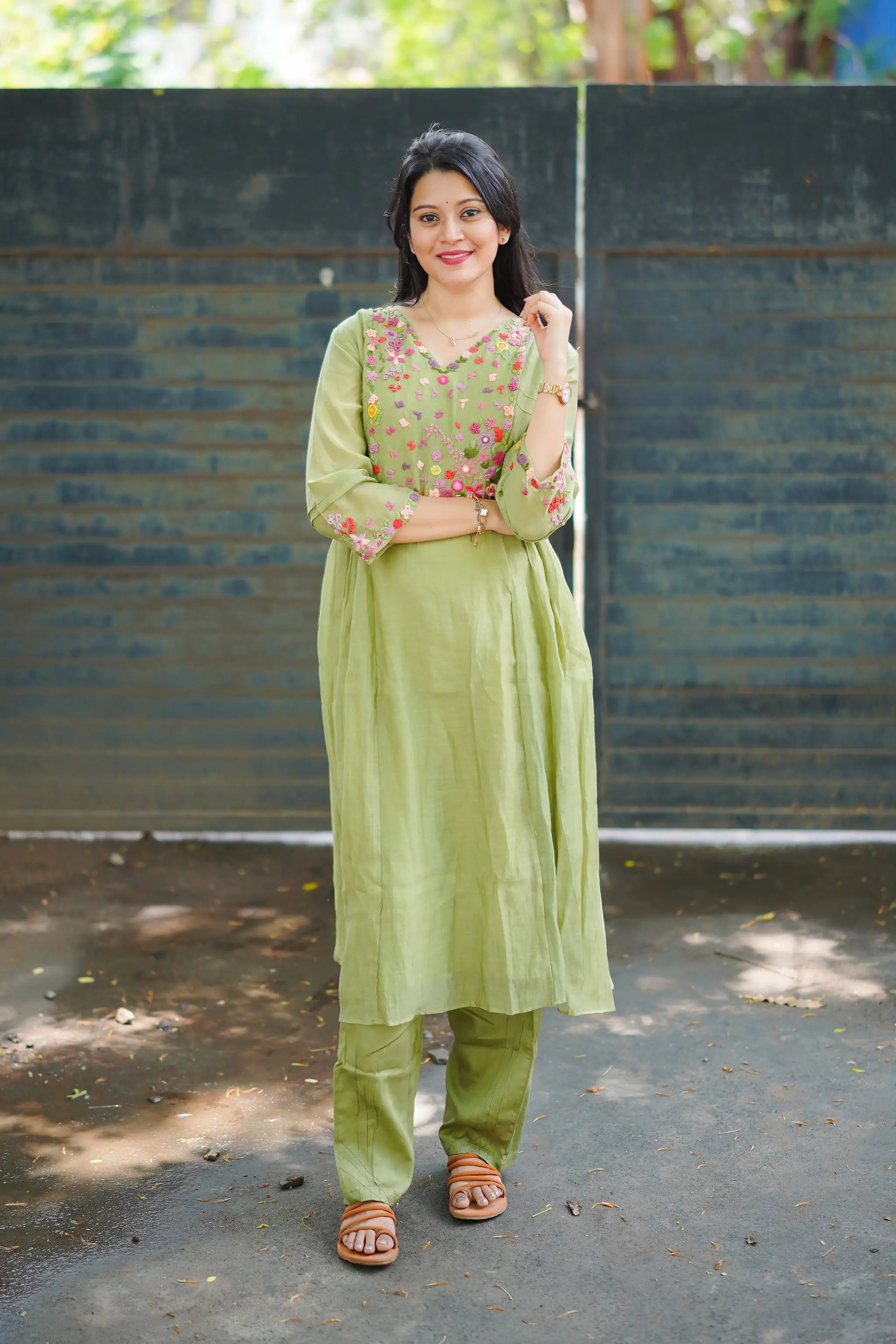 Green Mul Chanderi Floral Hand Embroidered Kurti Set