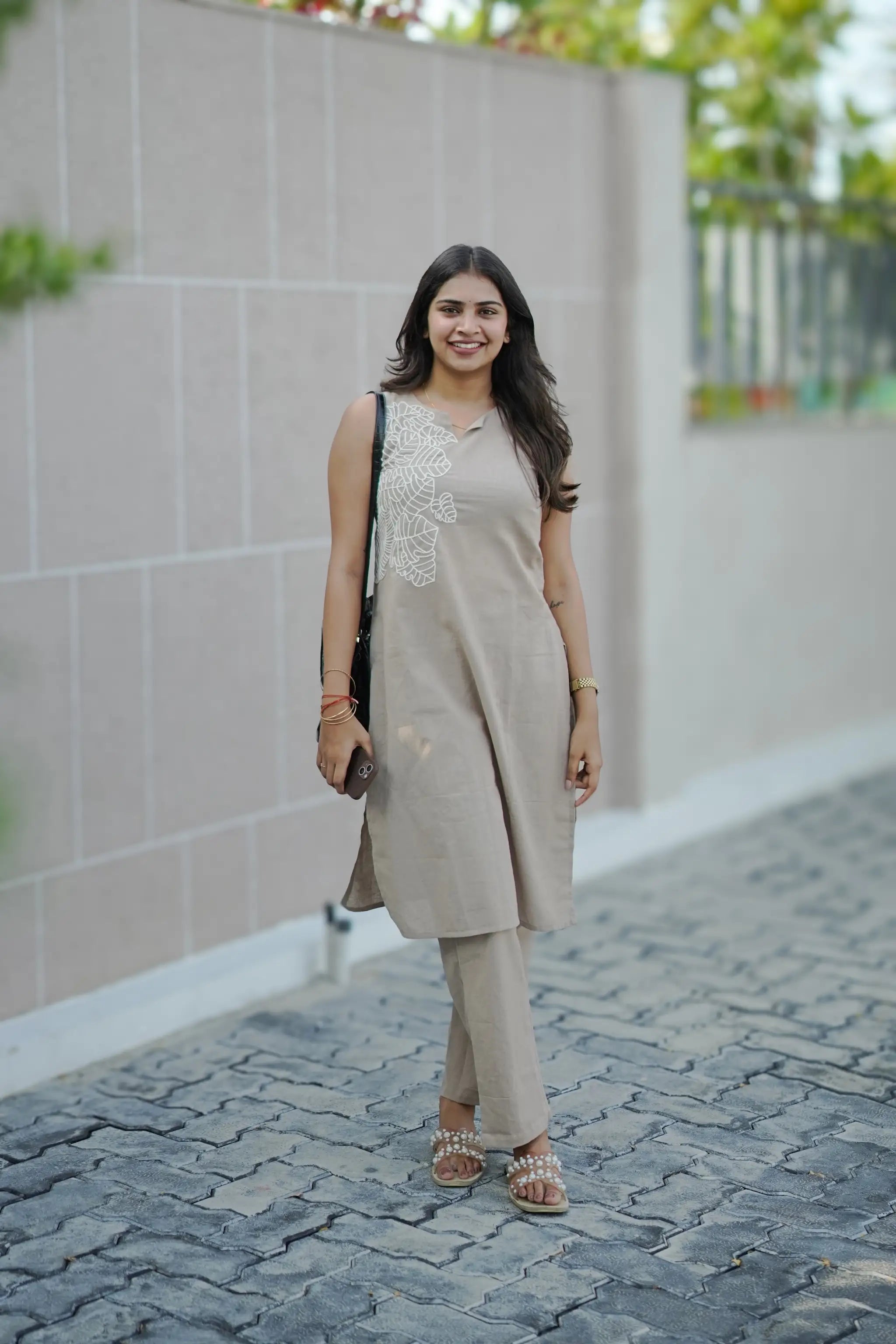 Grey Cotton Straight-Cut Kurti with Thread Embroidery & Pants
