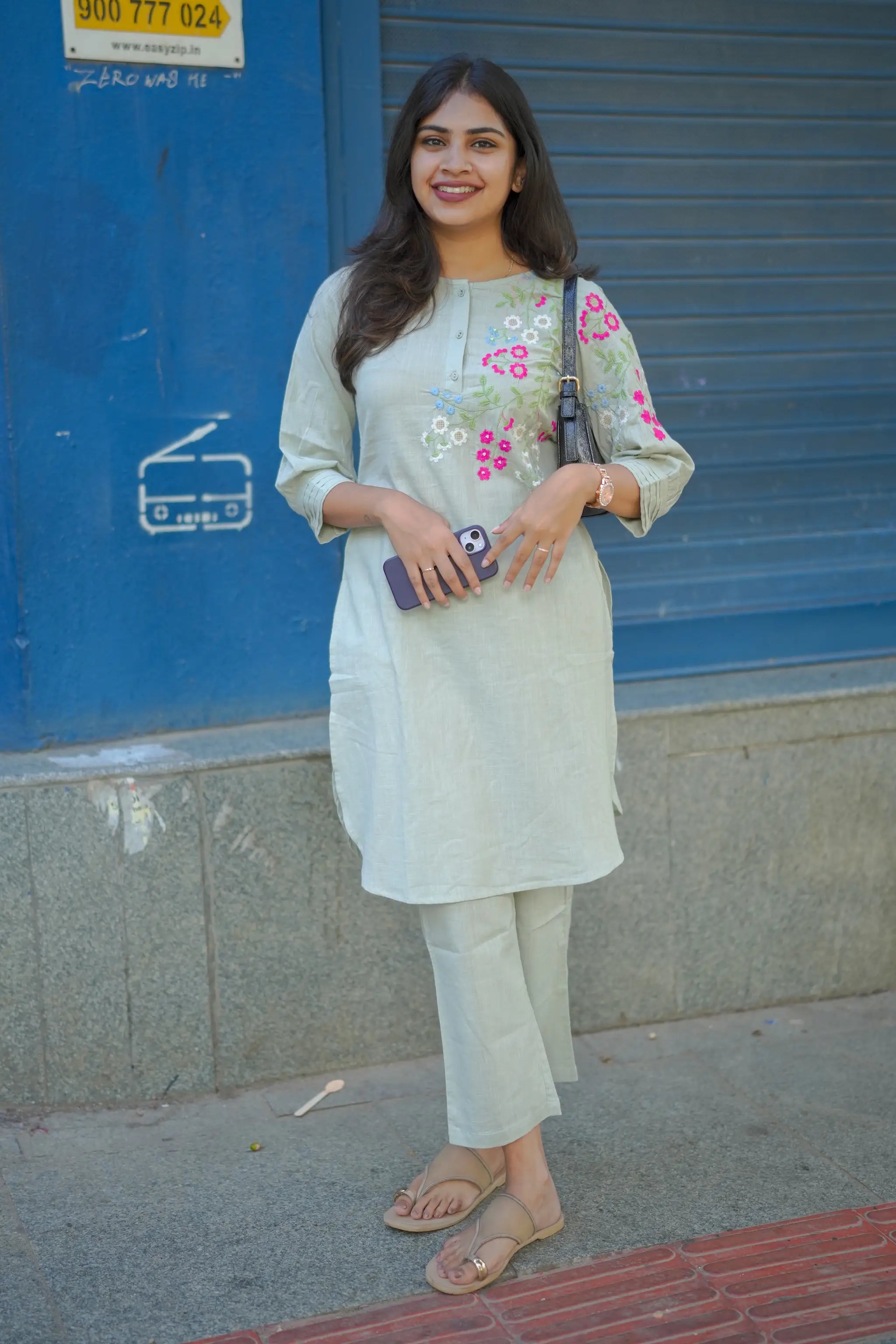 Grey Cotton Straight cut Kurti Set with Thread Embroidery