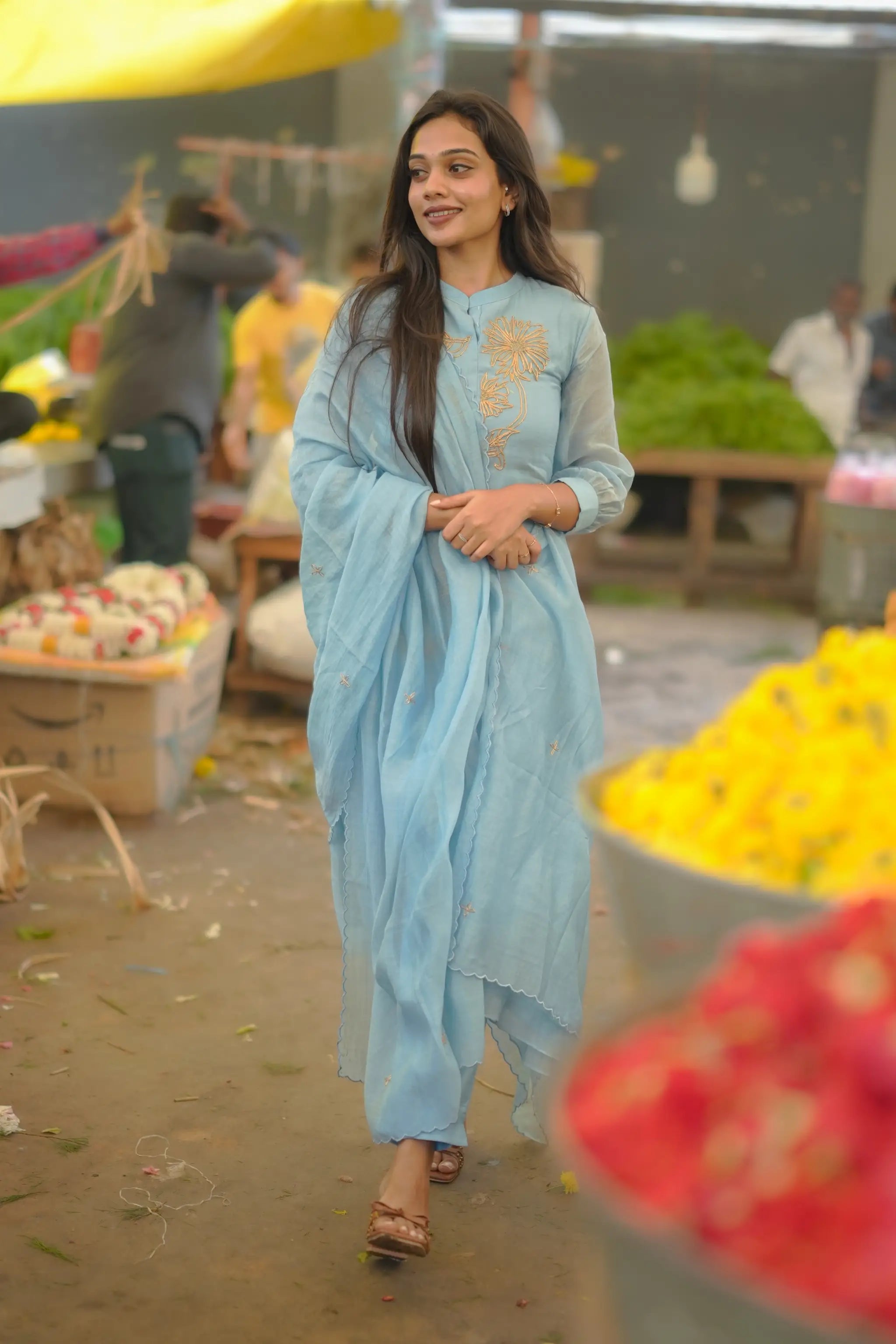 Light Blue Mul Chanderi Silk Floral Embroidery Suit Set with Dupatta