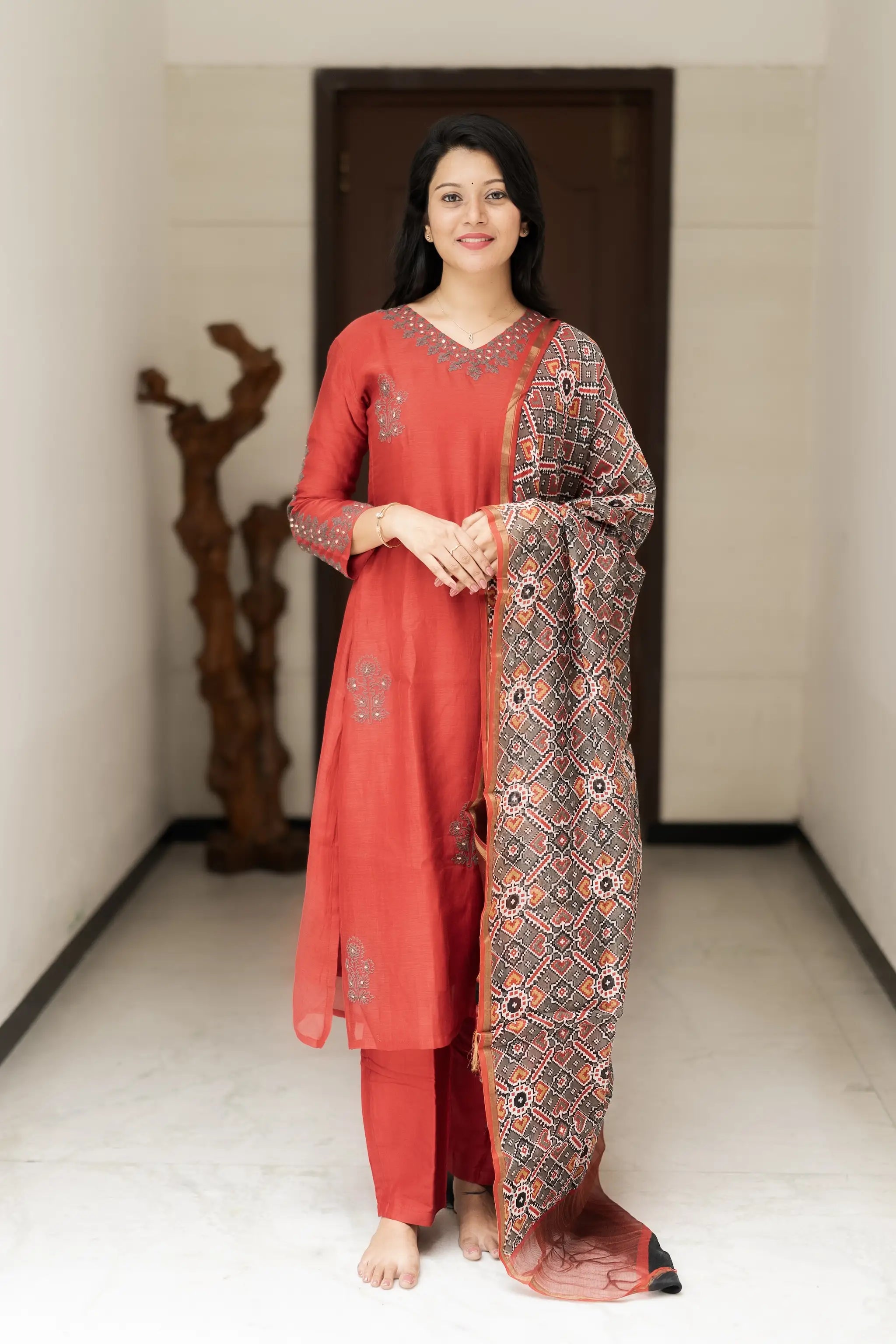 Maroon Mul Chanderi Sequin & Thread Embroidered Suit Set with Patola Silk Dupatta
