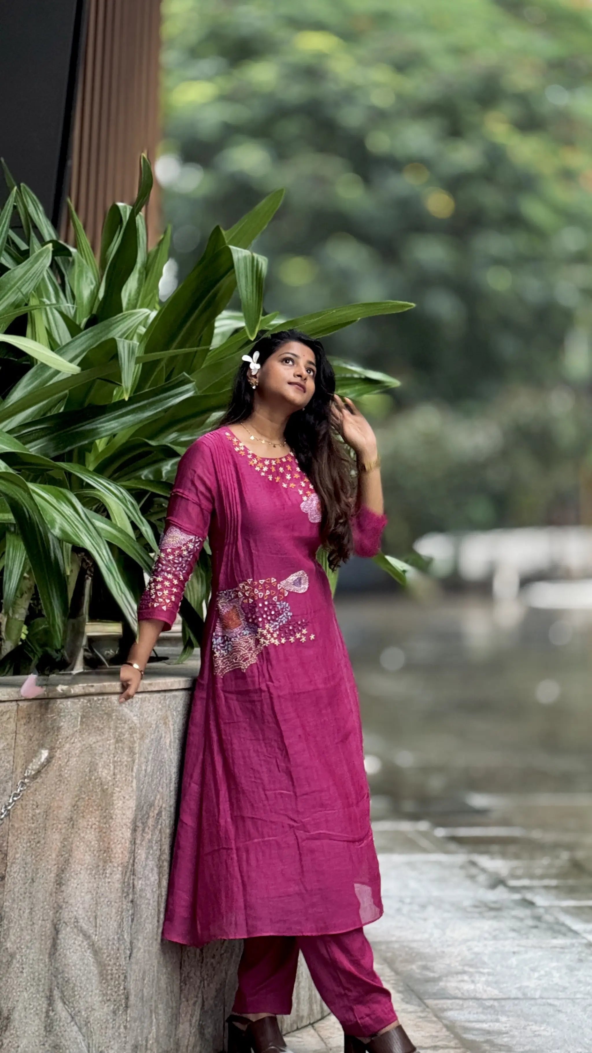 Pink Mul Chanderi Hand Embroidered Kurti Set with Mirror Work