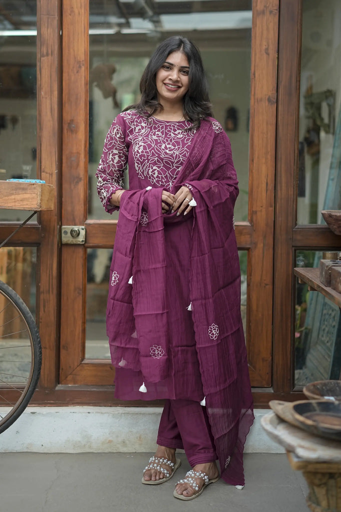 Wine Mul Chanderi Thread Embroidered Suit Set with Dupatta