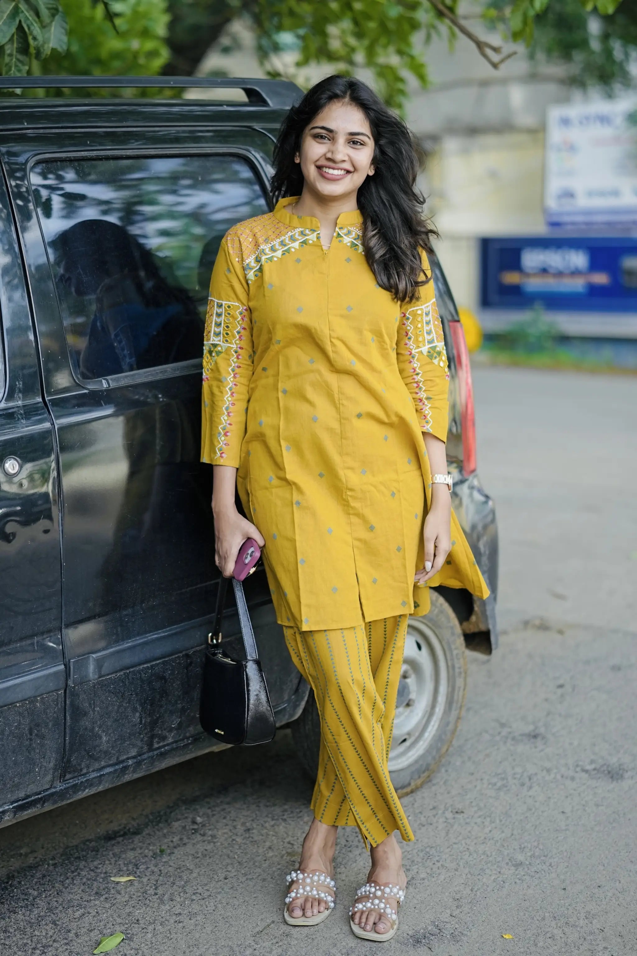 Yellow Cotton Thread Embroidered Co-ord Set with Mirror Work