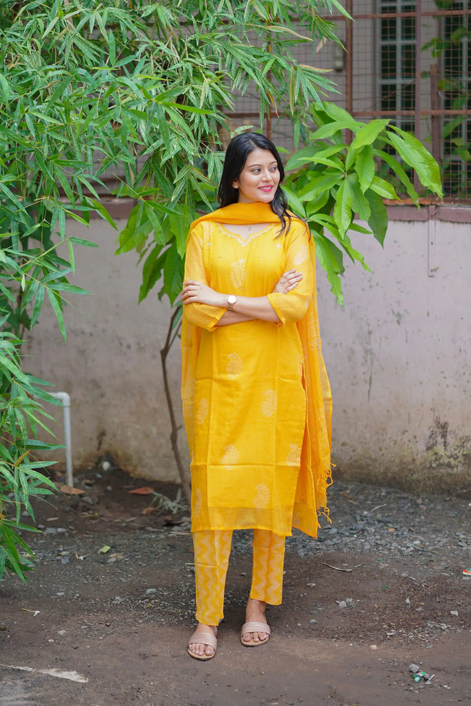 Yellow Kota Sequin Embroidery Suit Set with Dupatta & Cotton Pants