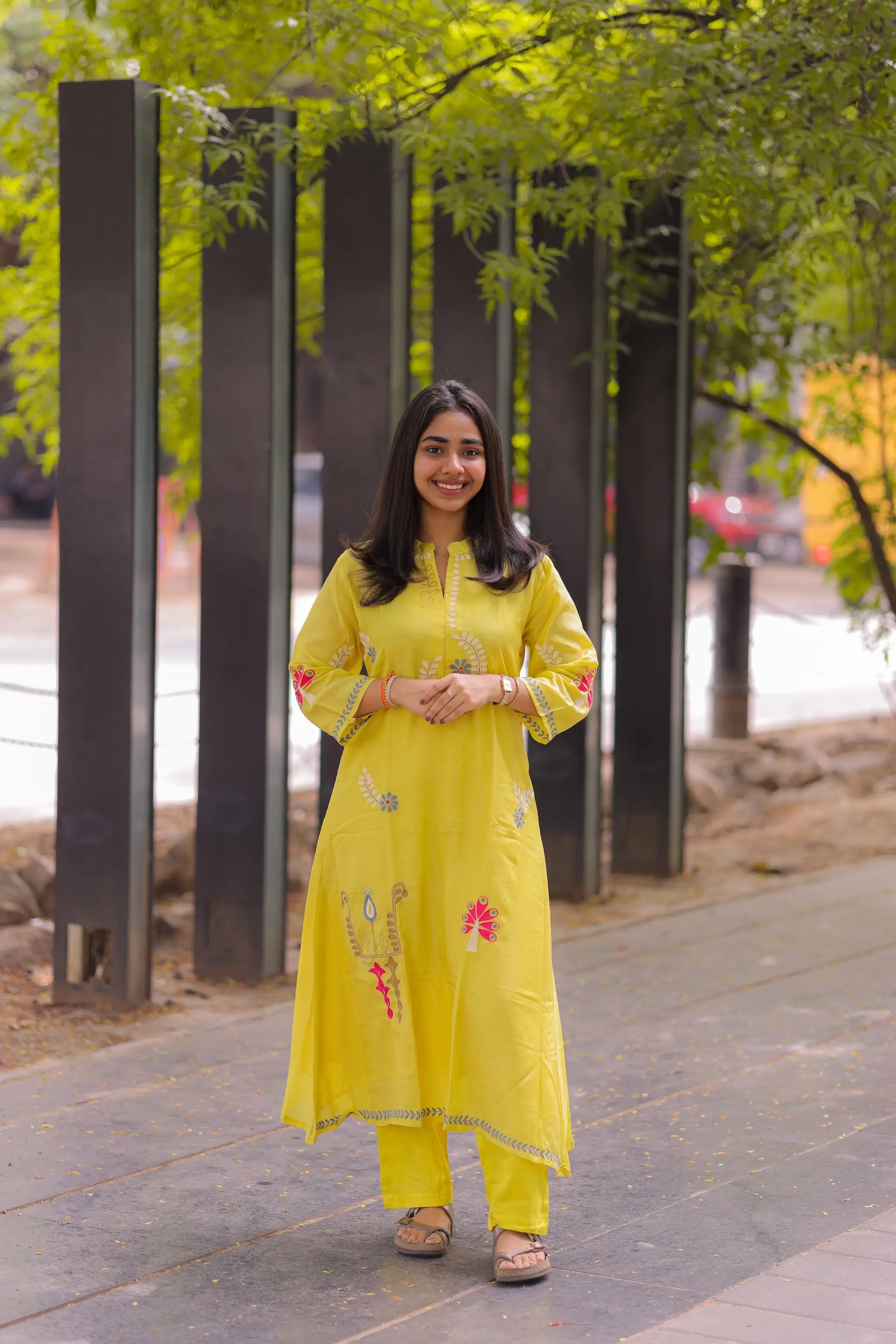 Yellow Mul Silk Thread Embroidered Kurti Set with Pants