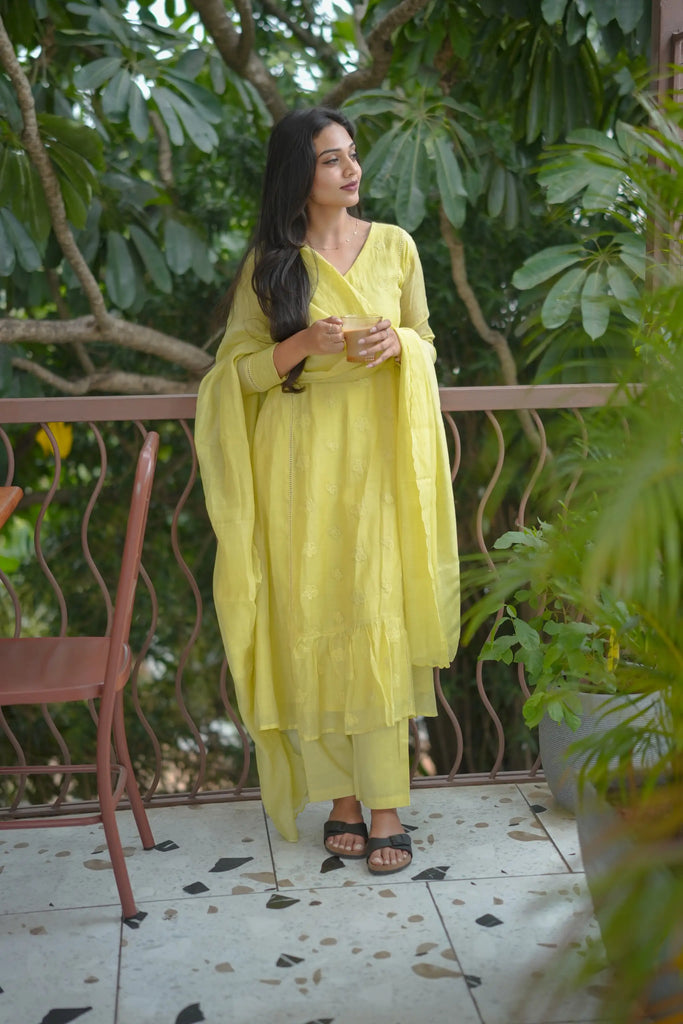 Yellow Mul Chanderi Silk Floral Embroidered Suit Set with Dupatta