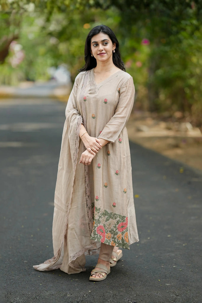 Grey Floral Embroidered Mul Chanderi Suit set