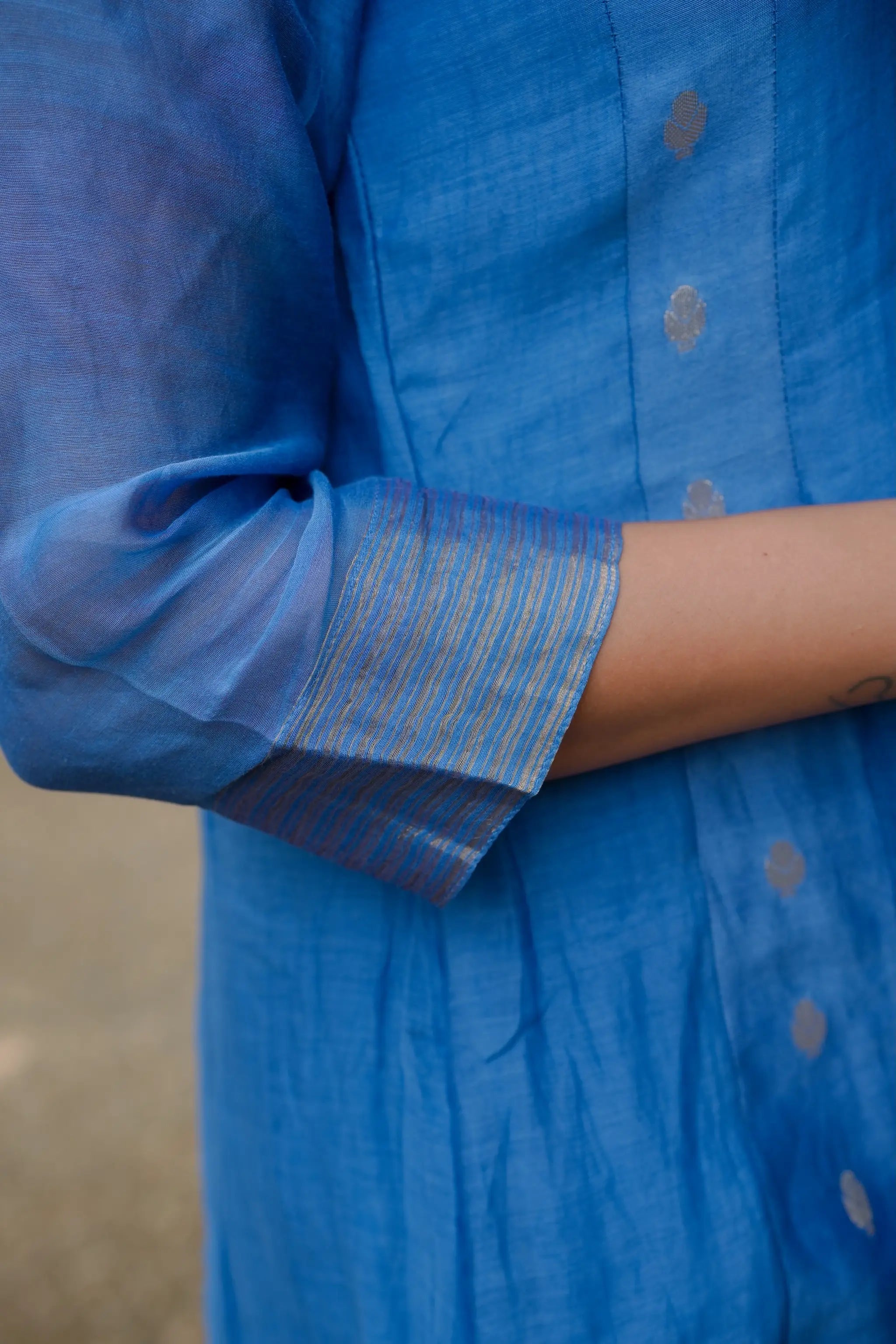Blue Mul Chanderi Sequins Embroidered Suit Set with Banarasi Dupatta