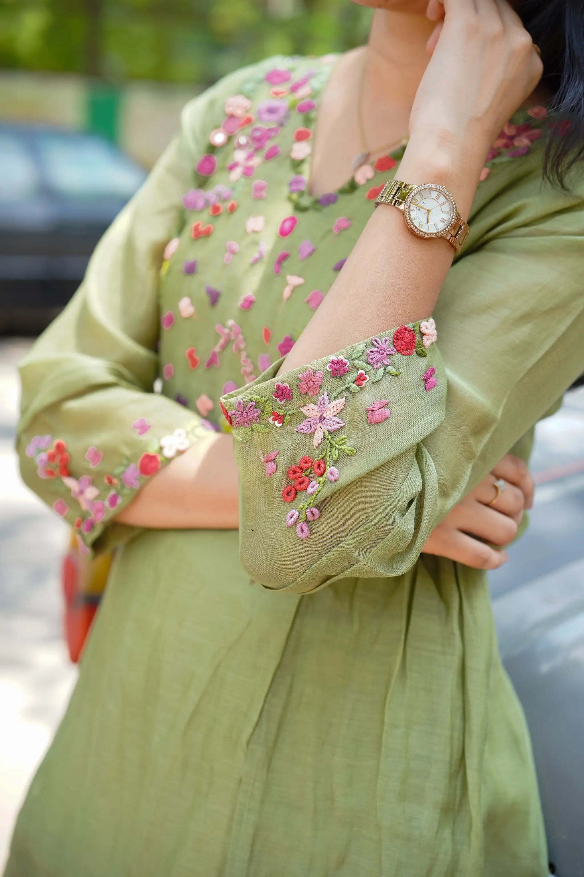 Green Mul Chanderi Floral Hand Embroidered Kurti Set