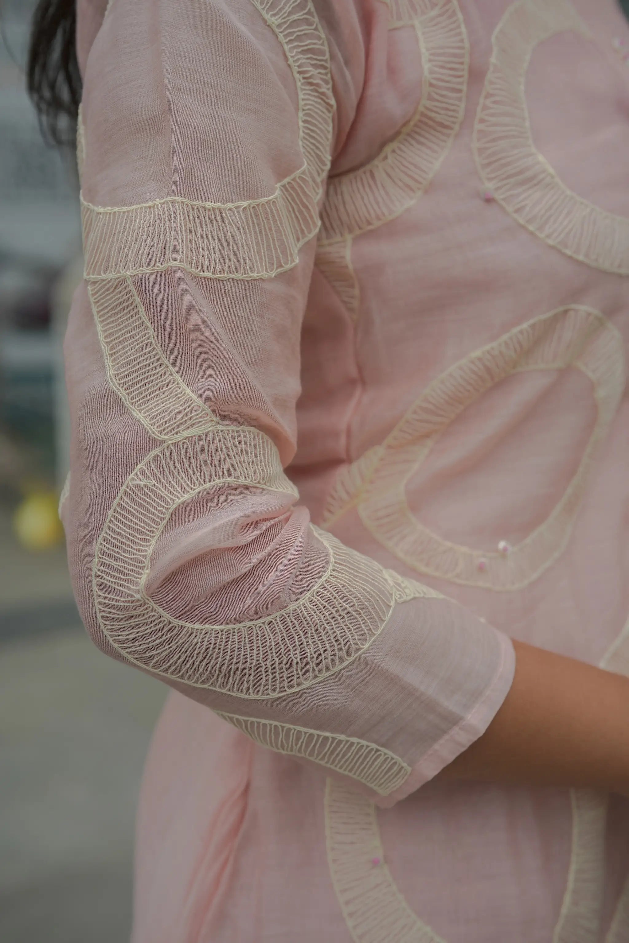 Light Pink Mul Chanderi Collared Dress with Embroidery