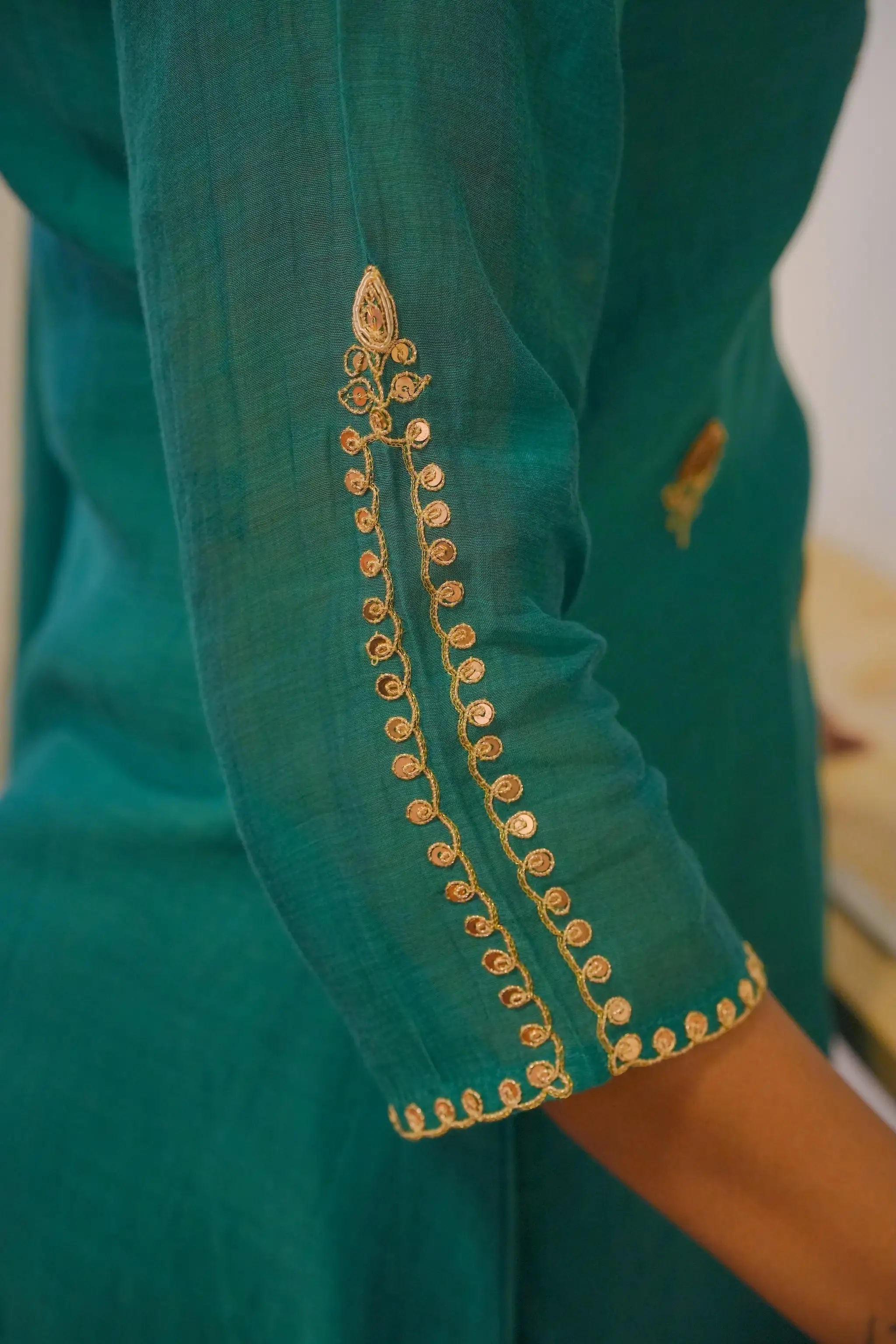 Green Mul Chanderi Sequins & Zari Embroidered Suit Set with Hand-Painted Dupatta