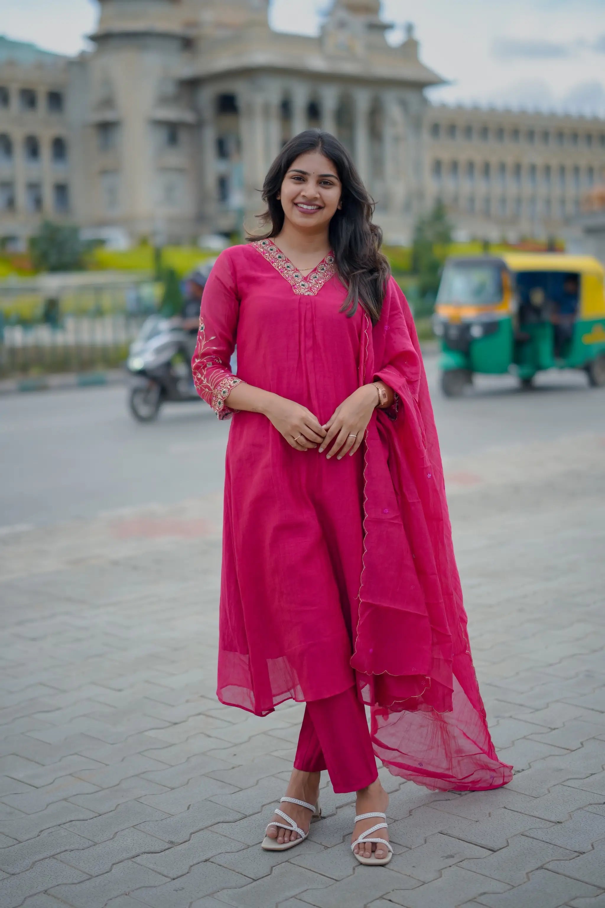 Hot Pink Mul Chanderi Zardosi Embroidered Kurti Set