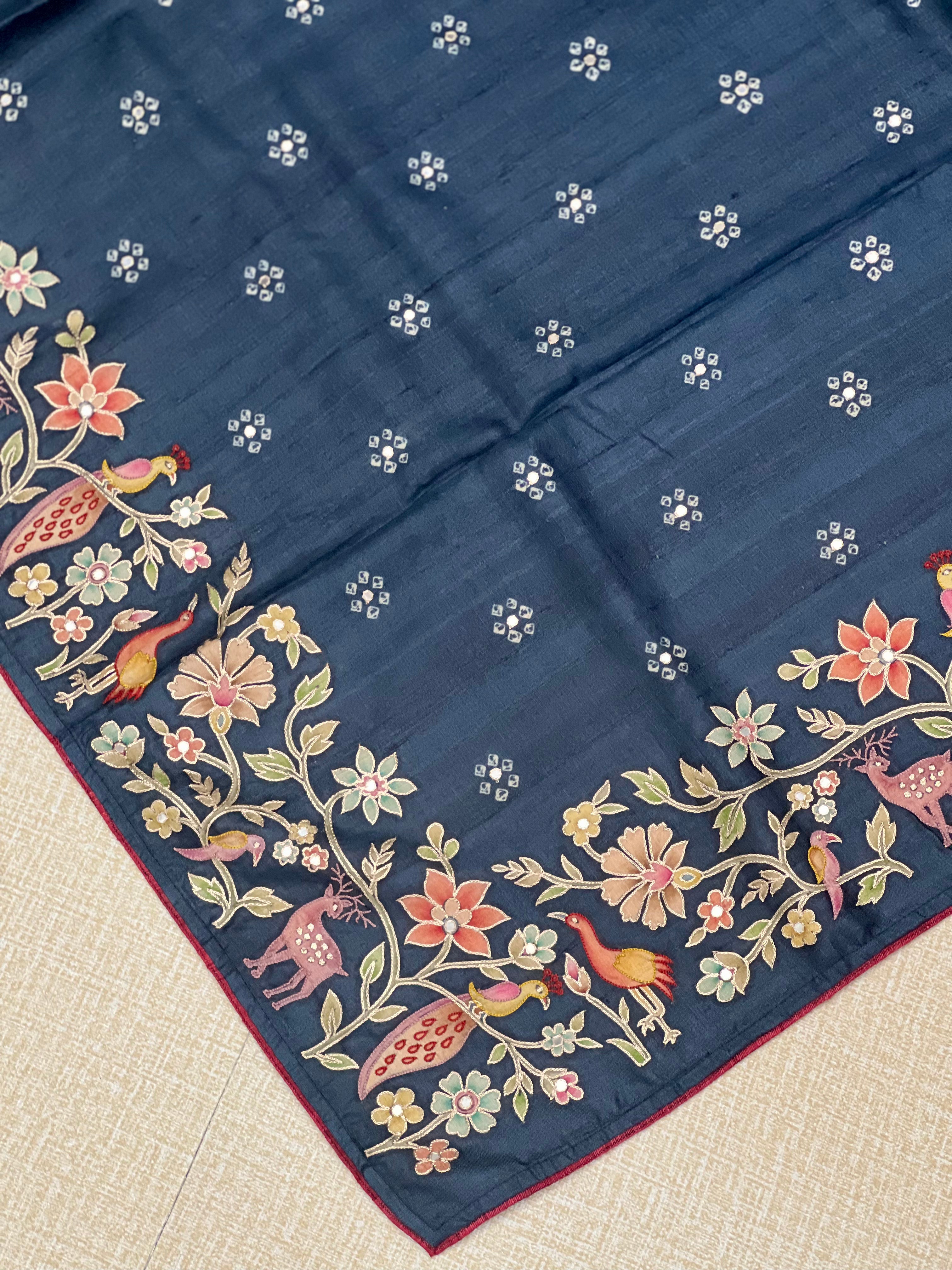 Batik Printed Tussar Saree with Aari Work Boarder