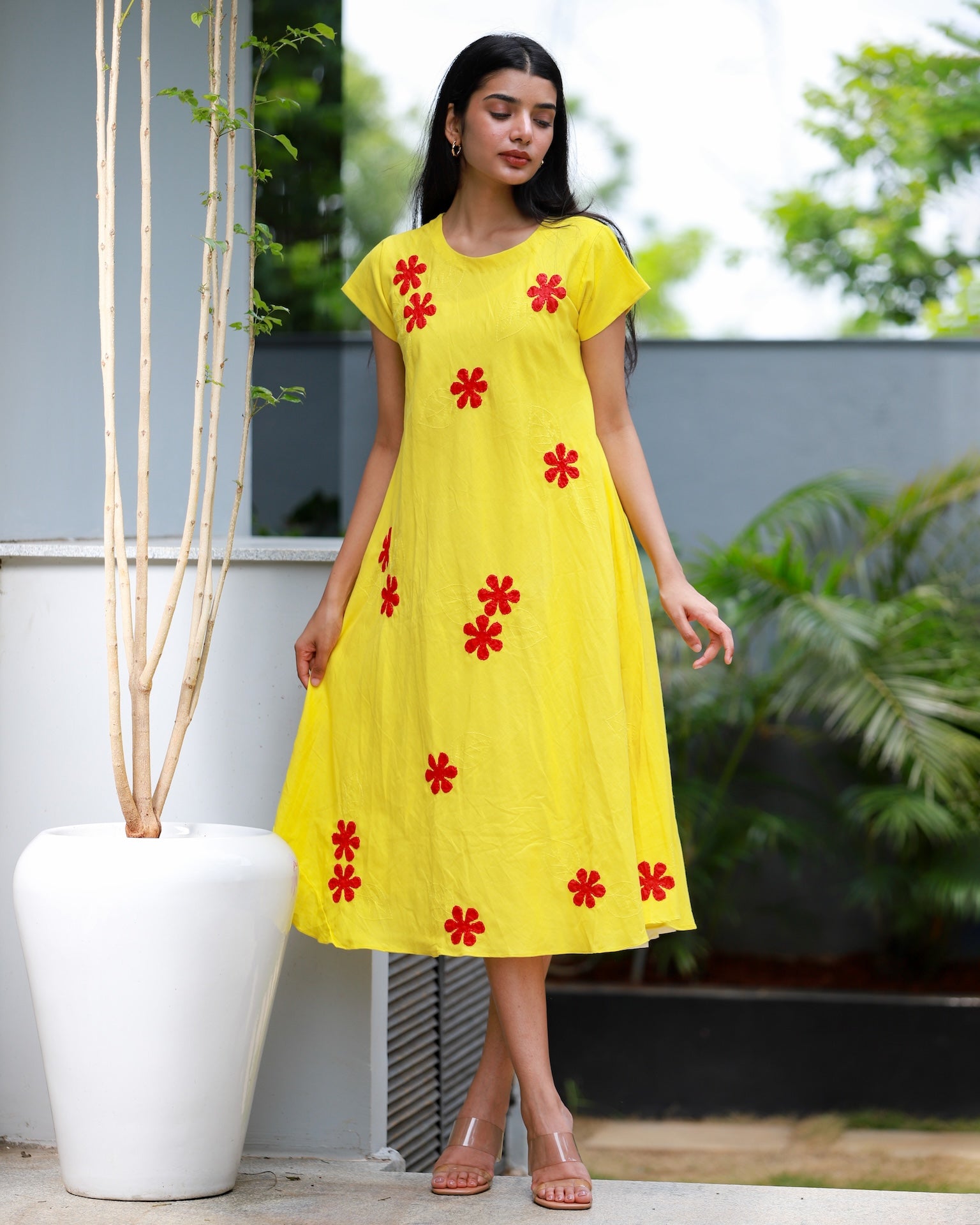 Floral Applique Embroidered Cotton Dress