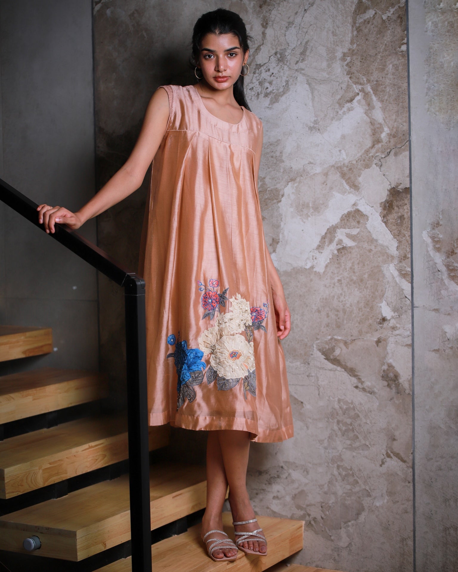 Floral Applique Embroidered Silk Dress