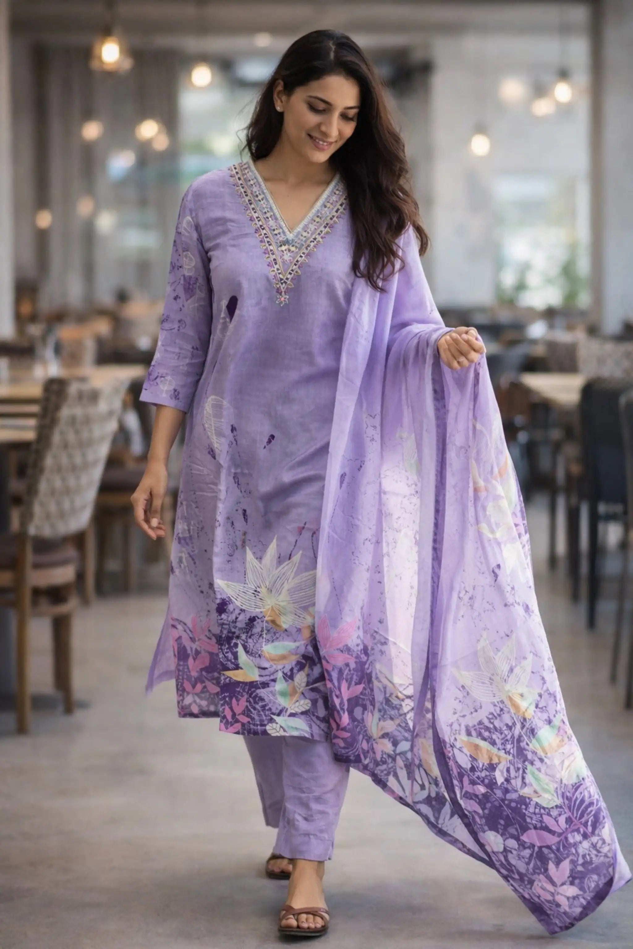 Woman in a lavender traditional outfit with a matching dupatta in a restaurant setting