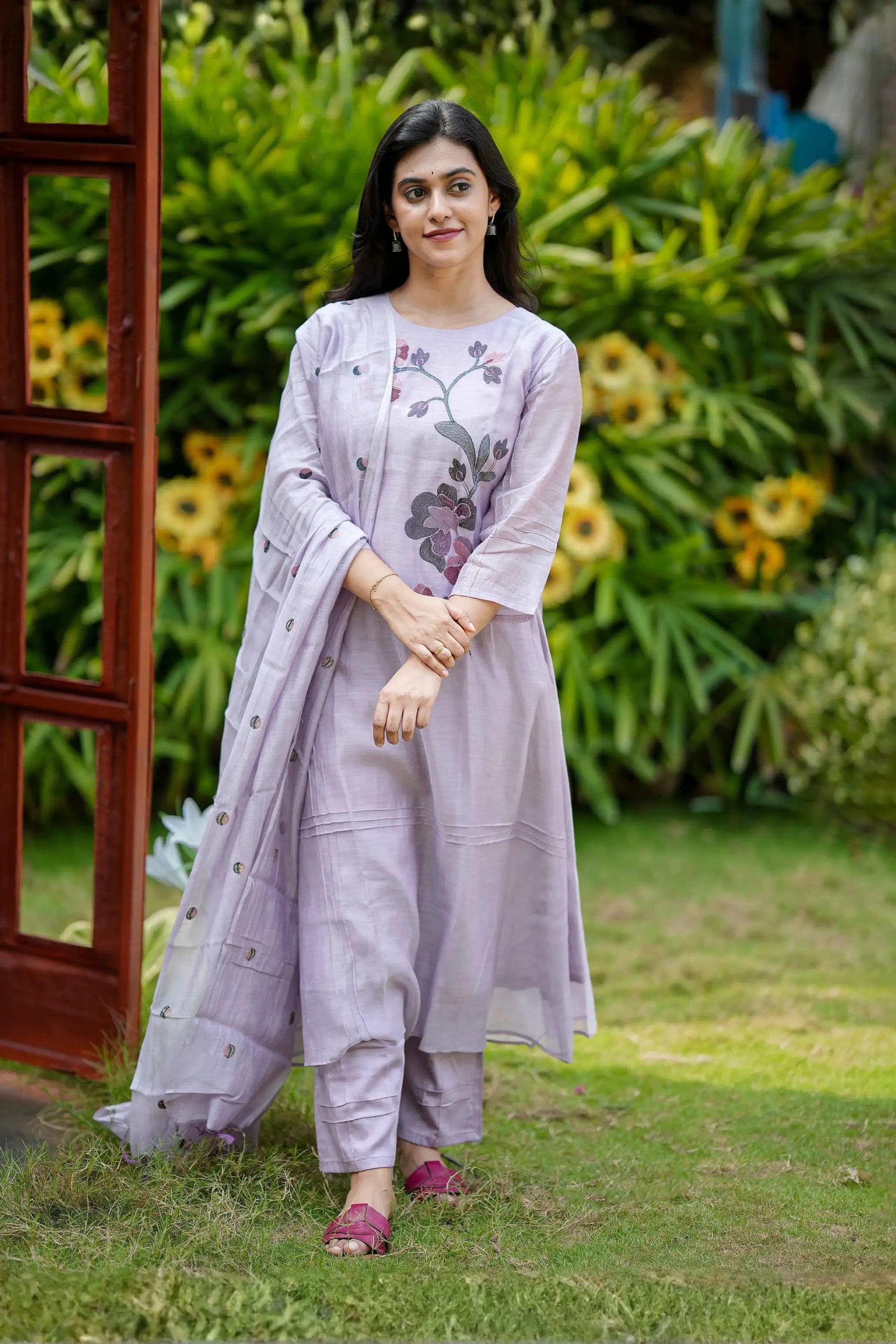 Light Purple Floral Embroidered Mul Chanderi Suit Set