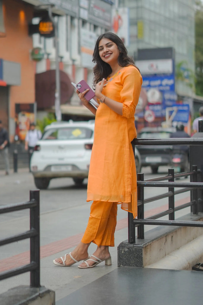 Orange Mul Chanderi Floral Embroidered Kurta Set with Pants