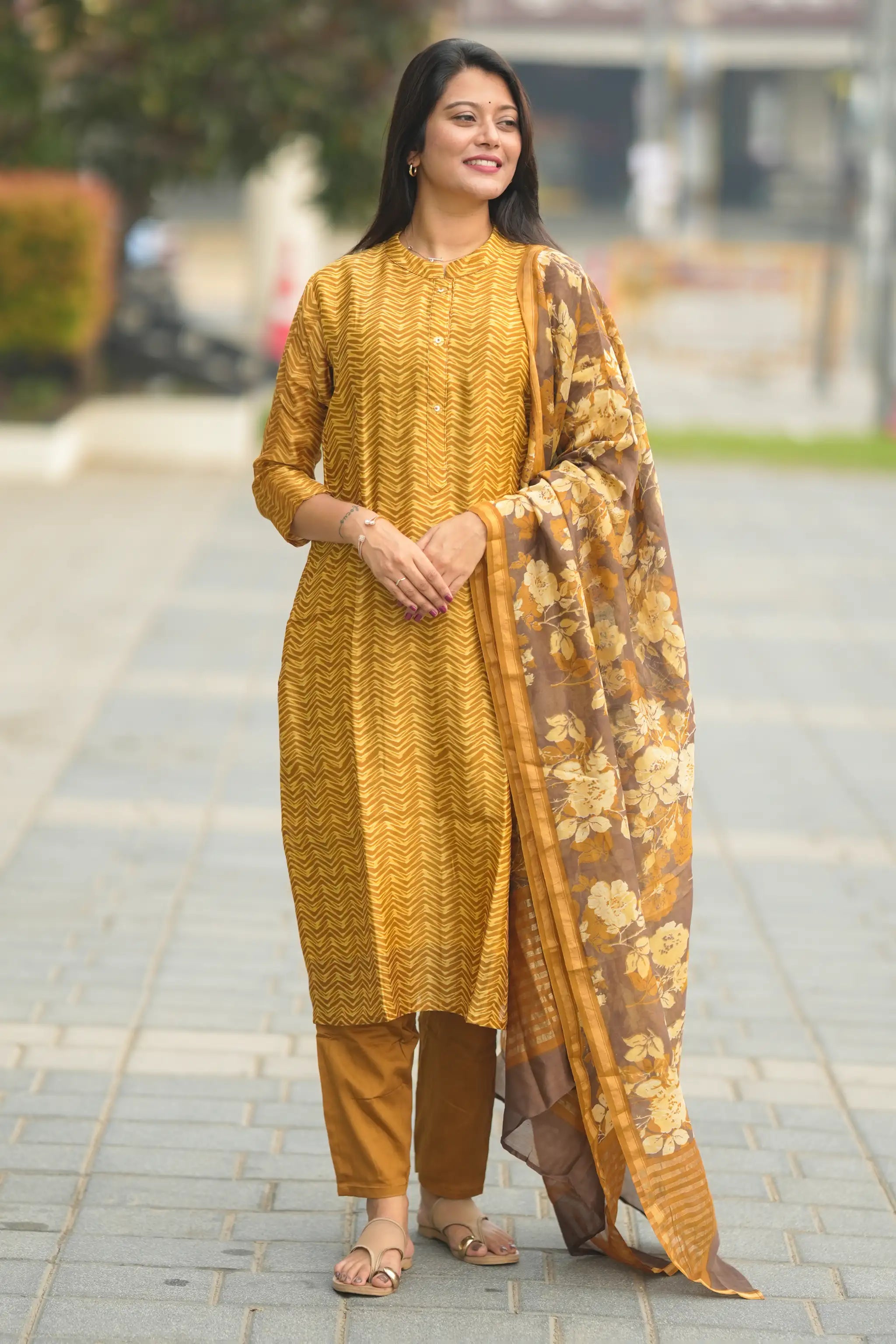 Mustard Yellow Digital Printed Chanderi Silk Suit Set