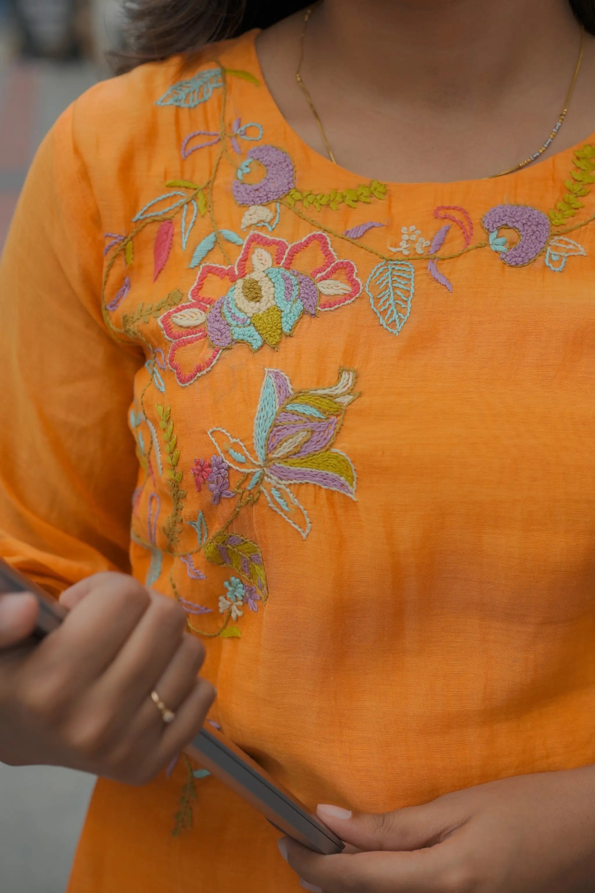 Orange Mul Chanderi Floral Embroidered Kurta Set with Pants