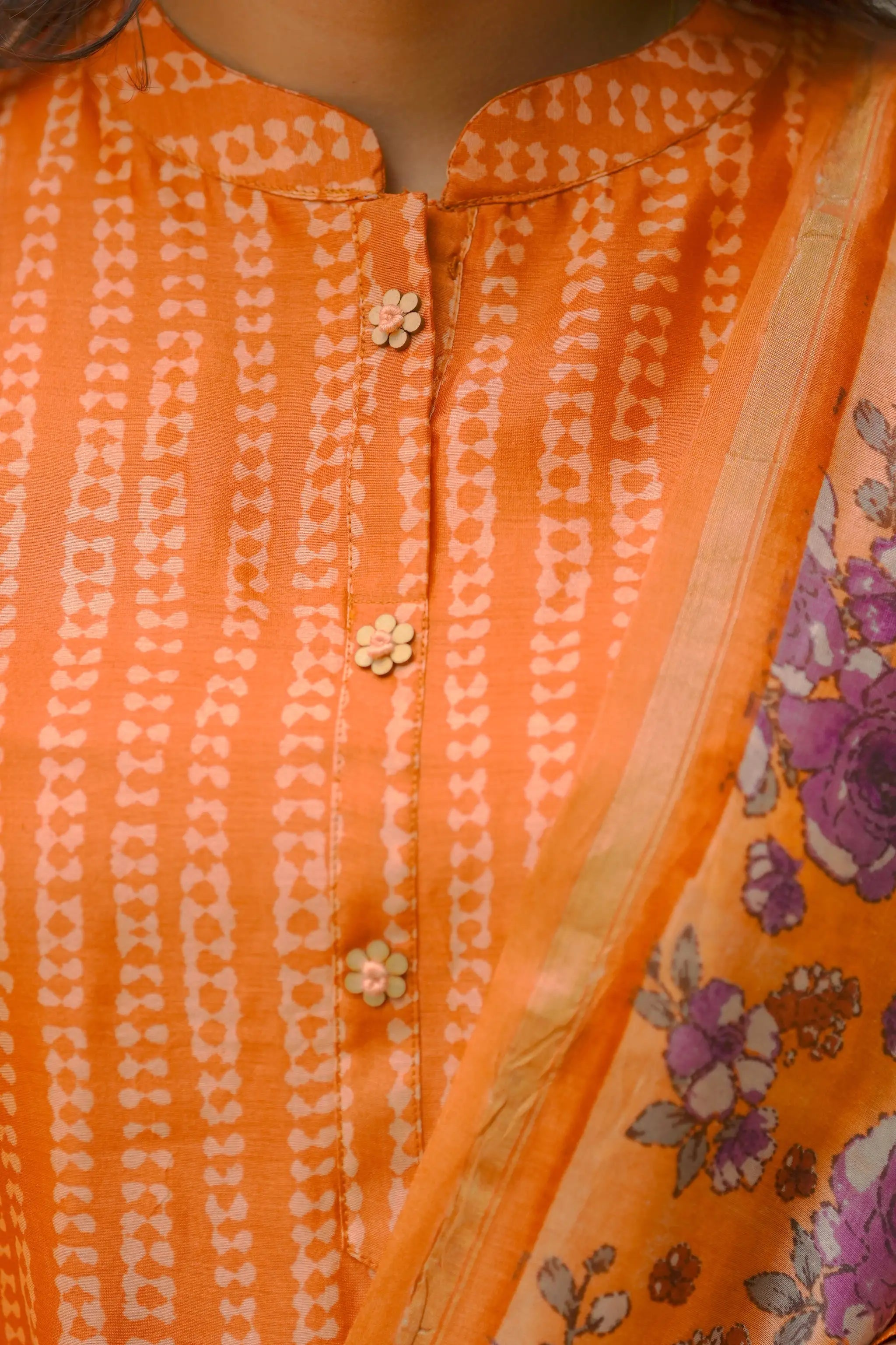 Orange Chanderi Straight Cut Suit Set with Floral Digital Print Dupatta