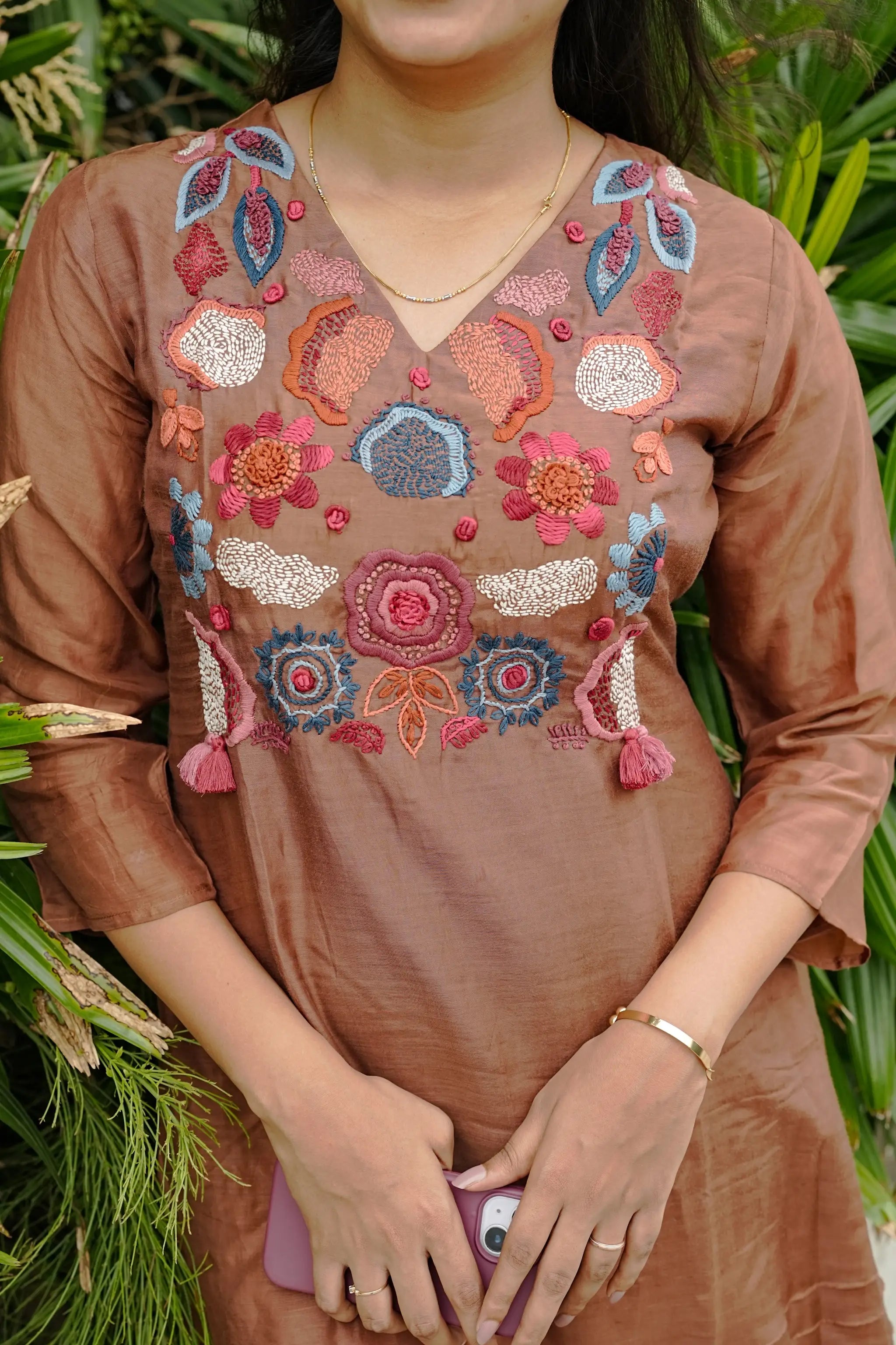 Brown Mul Silk Kurti with Floral Hand Embroidery