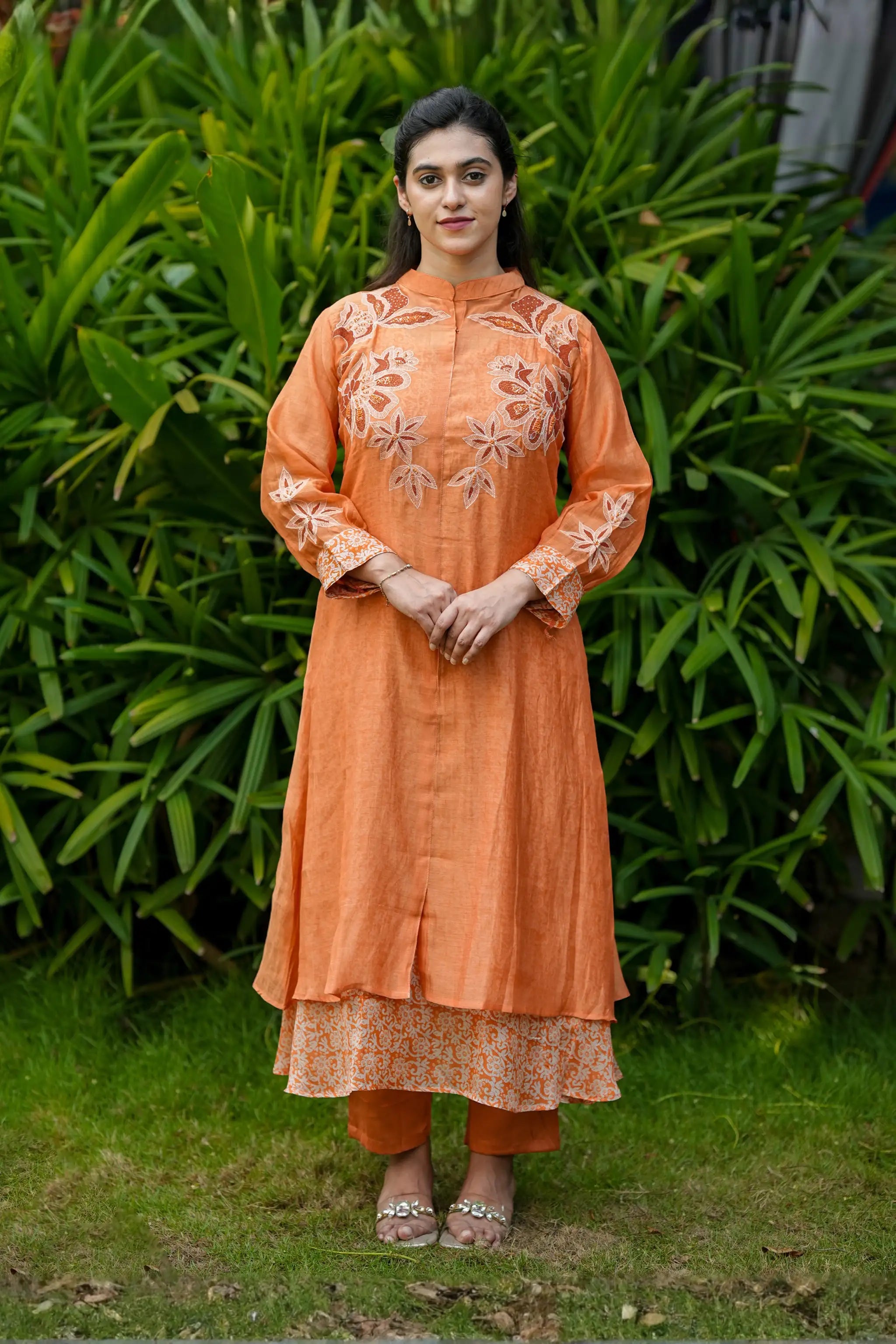 Orange Mul Chanderi Floral Embroidered Overcoat Kurti Set with Printed Inner Slip & Mul Cotton Pants 