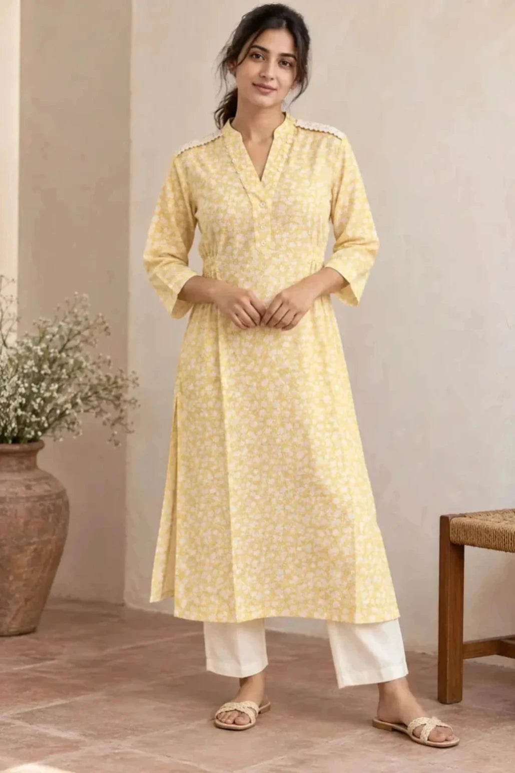 Yellow Digital Printed Cotton Kurta Set