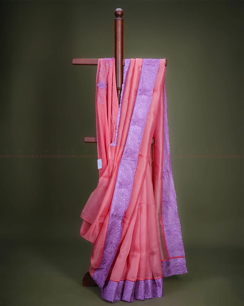 Peach Organza Saree - Aarni Clothing - A Destination for Handpicked Ethnic Wear