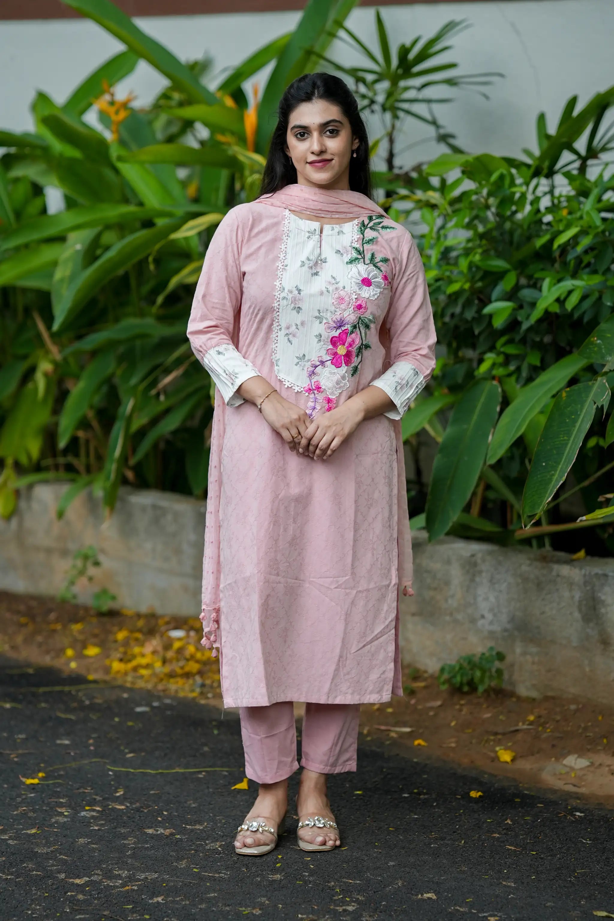 Pink Cotton Applique Embroidered Suit Set