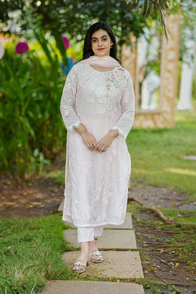 Pink Cotton Pearl and Floral Embroidered Suit Set