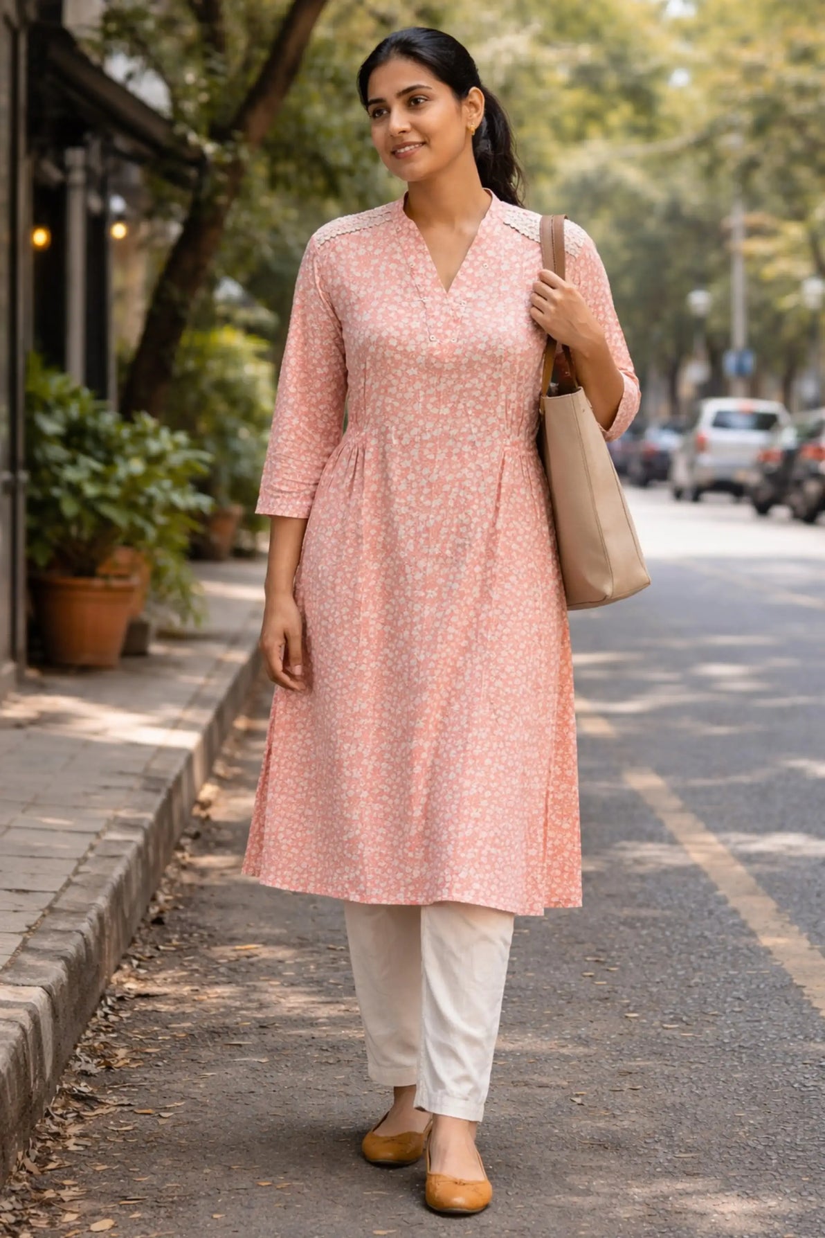 Woman in a pink kurta with white pants walking on a street.