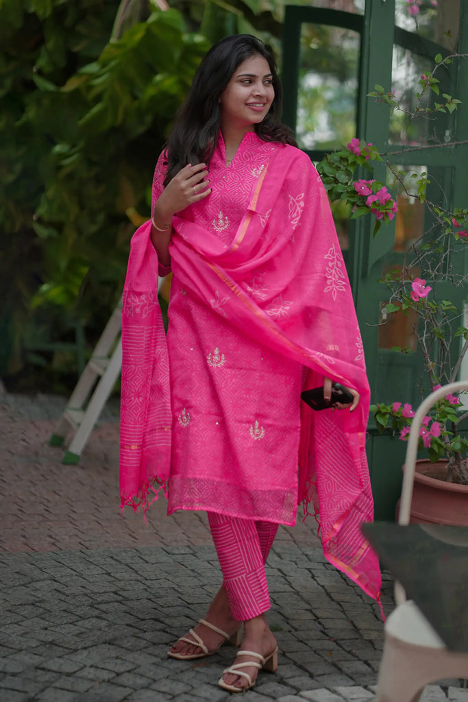 Pink Kota Hand Block Printed Zari Embroidered Suit Set - Aarni Clothing - A Destination for Handpicked Ethnic Wear