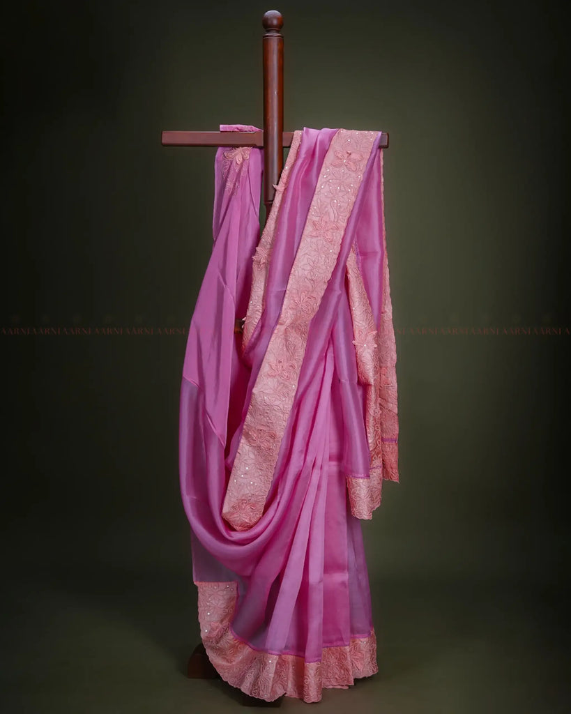 Pink Organza Saree - Aarni Clothing - A Destination for Handpicked Ethnic Wear