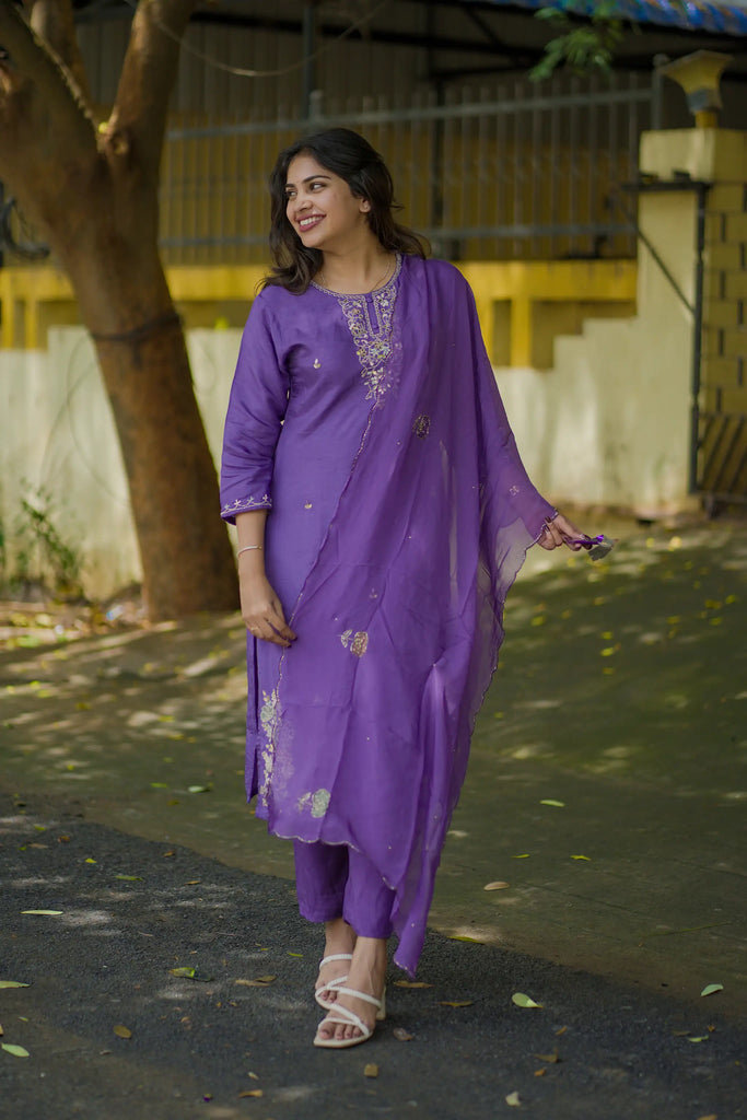 Purple Beads and Mirror Embroidered Dola Silk Suit Set