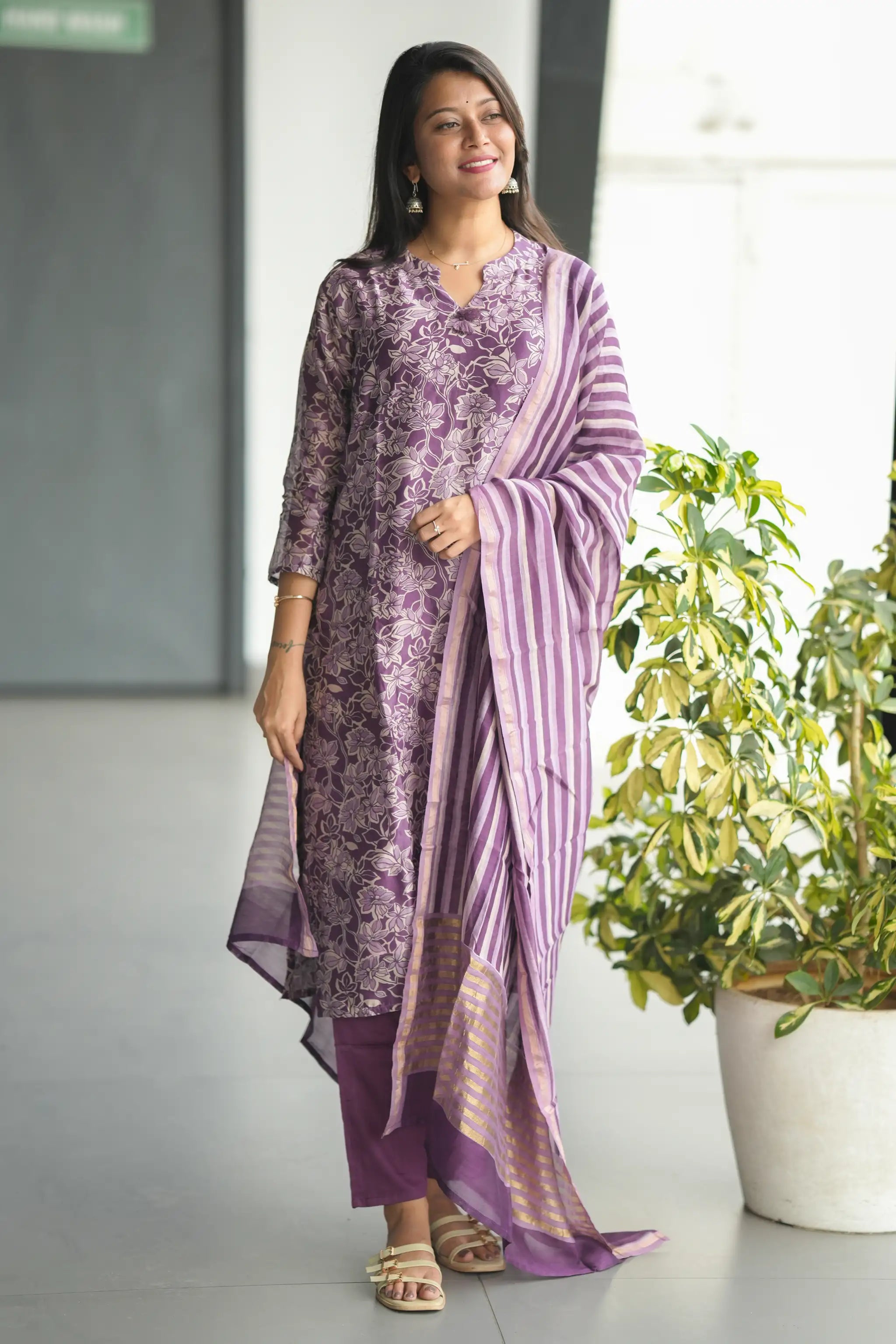 Purple Digital Printed Chanderi Silk Suit Set