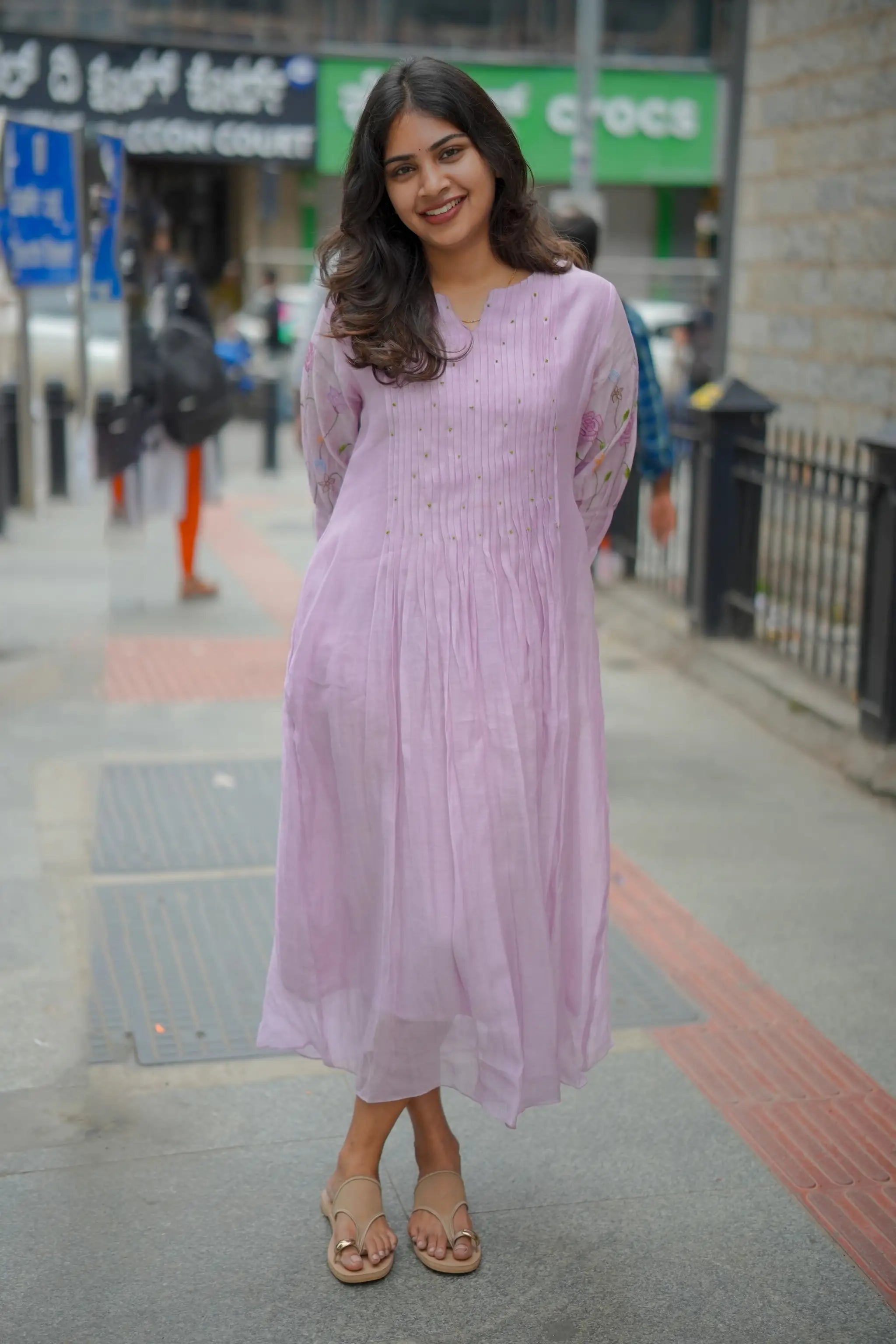 Lavender Mul Chanderi Kurti with Knot & Floral Embroidery