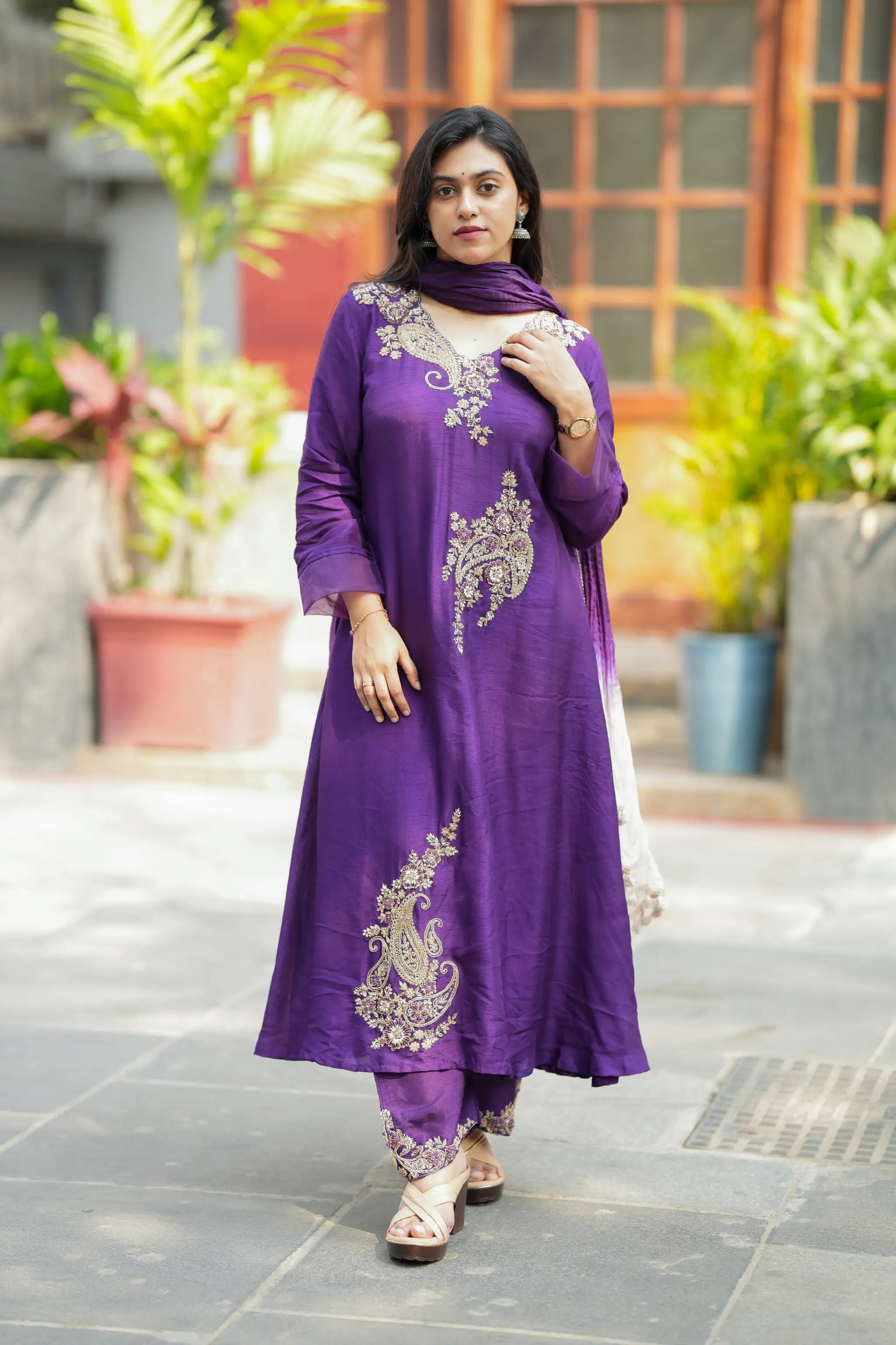 Purple Zardosi Embroidered Silk Suit Set with Beadwork & Sequin Detailing