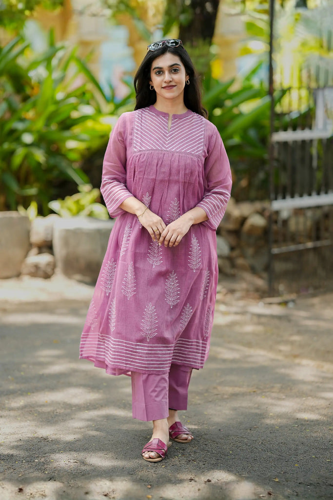 Purplish Pink Hand Block Printed Kota A-Line Kurti Set