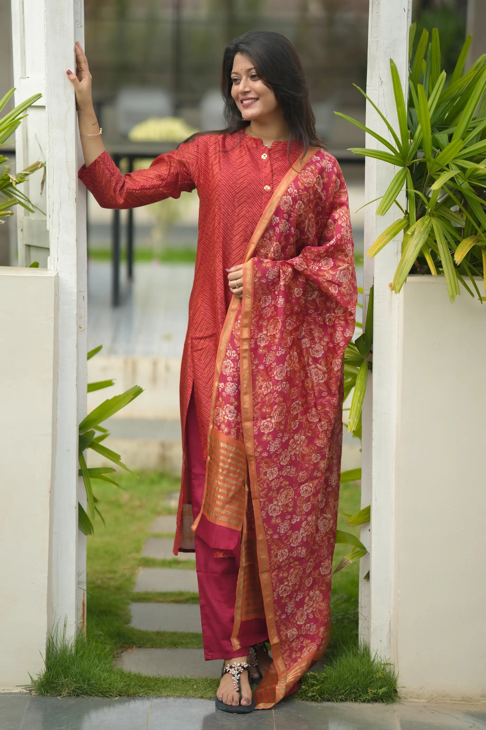 Red Digital Printed Chanderi Silk Suit Set