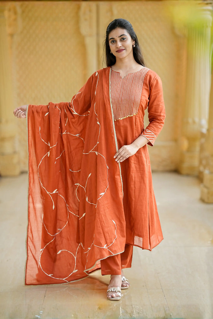 Rust Orange Gota Embroidered Cotton Suit Set